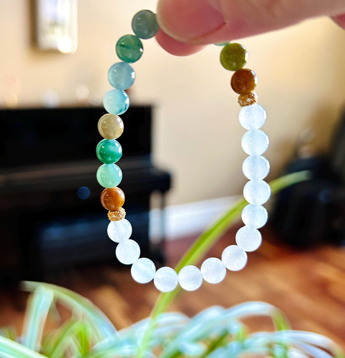 Natural Jadeite Bracelet, Burmese Type A Translucent Multicolor and Icy White Jade, 3-Way Styling, Glutinous Icy Jadeite Beads 6.8mm