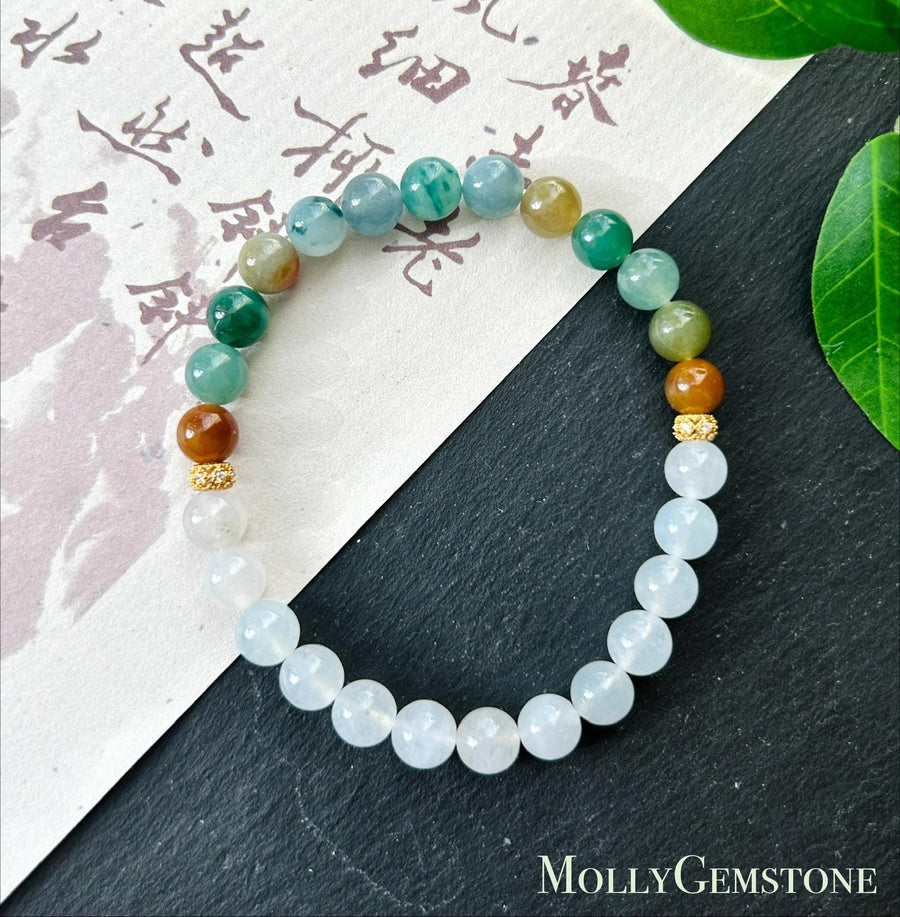 Natural Jadeite Bracelet, Burmese Type A Translucent Multicolor and Icy White Jade, 3-Way Styling, Glutinous Icy Jadeite Beads 6.8mm