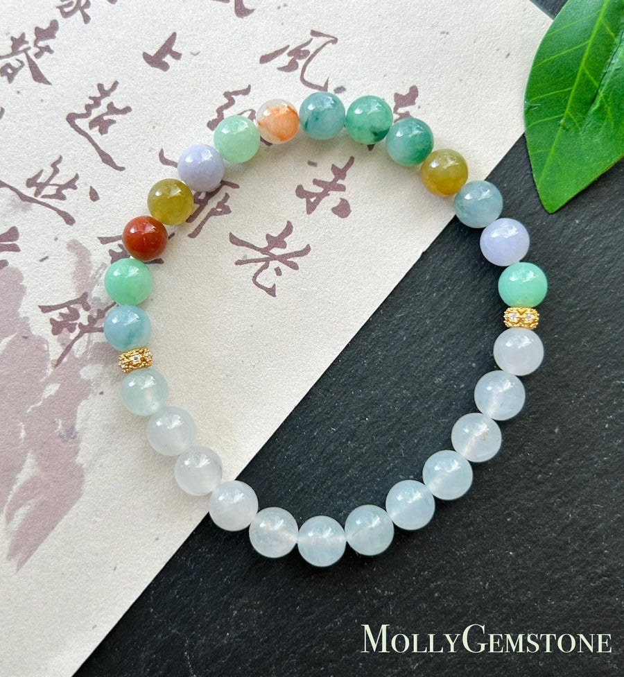 Natural Jadeite Bracelet, Burmese Type A Translucent Vivid Multicolor and Icy White Jade, 3-Way Styling, Glutinous Icy Jadeite Beads 6.6mm