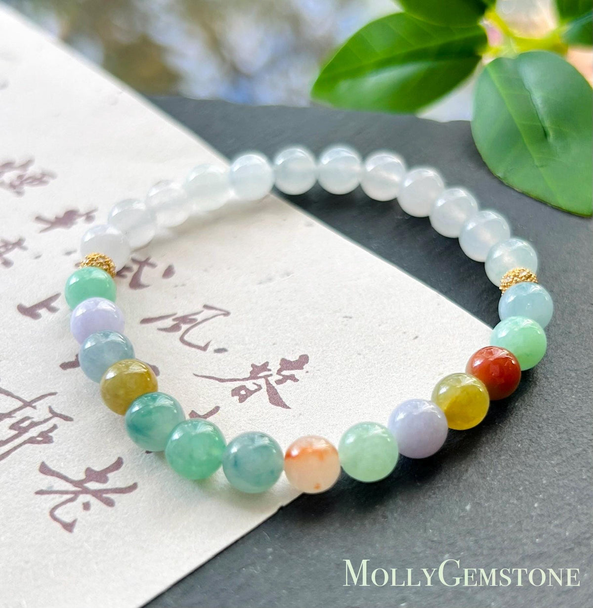 Natural Jadeite Bracelet, Burmese Type A Translucent Vivid Multicolor and Icy White Jade, 3-Way Styling, Glutinous Icy Jadeite Beads 6.6mm