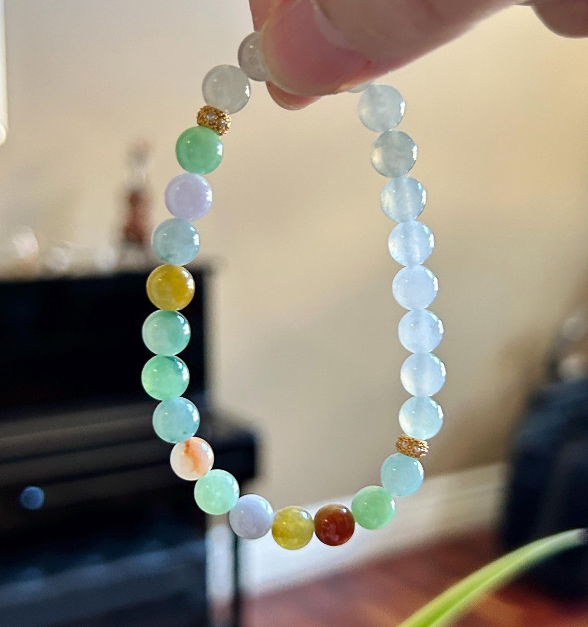 Natural Jadeite Bracelet, Burmese Type A Translucent Vivid Multicolor and Icy White Jade, 3-Way Styling, Glutinous Icy Jadeite Beads 6.6mm