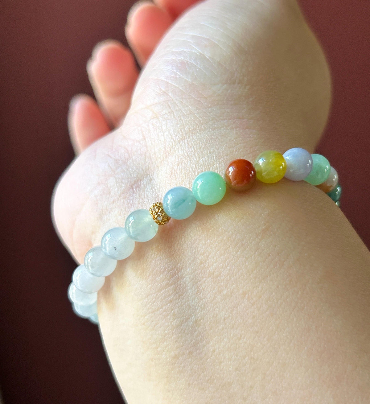 Natural Jadeite Bracelet, Burmese Type A Translucent Vivid Multicolor and Icy White Jade, 3-Way Styling, Glutinous Icy Jadeite Beads 6.6mm