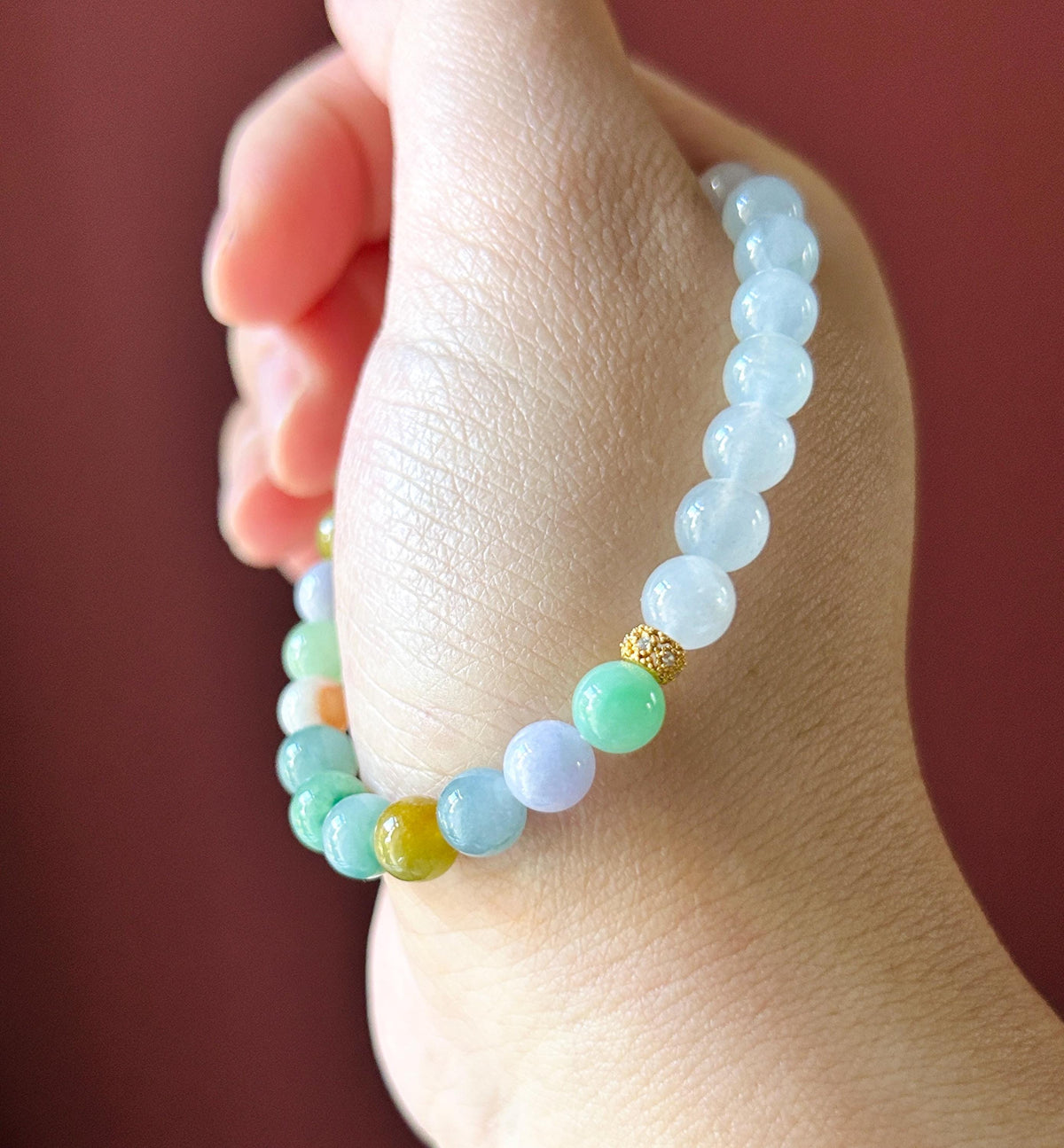 Natural Jadeite Bracelet, Burmese Type A Translucent Vivid Multicolor and Icy White Jade, 3-Way Styling, Glutinous Icy Jadeite Beads 6.6mm