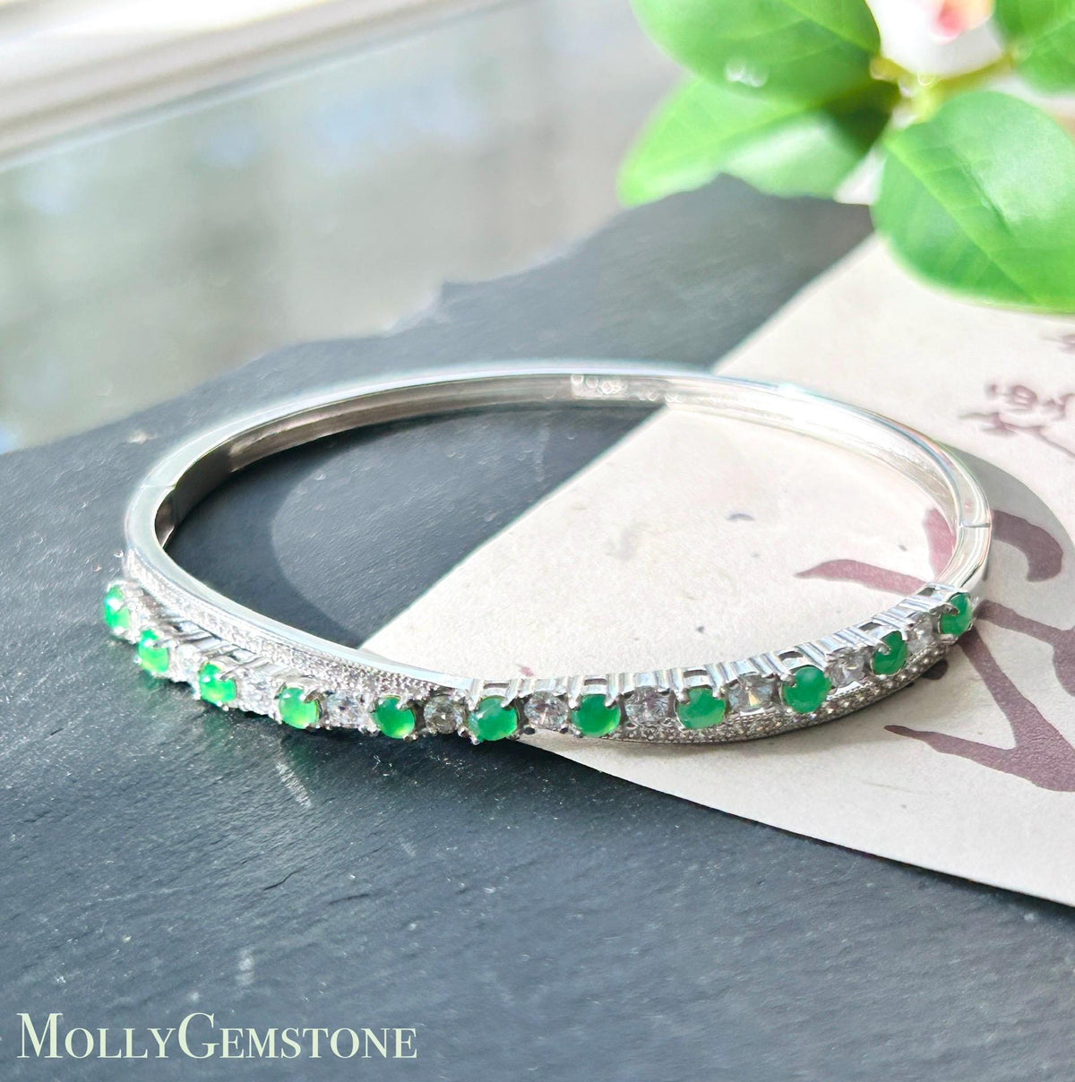 Certified Natural Jadeite & Sterling Silver Cuff Bangle, Burmese Type A Translucent Icy Vivid Green Jade , 15 - 18cm