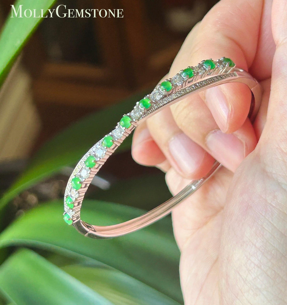 Certified Natural Jadeite & Sterling Silver Cuff Bangle, Burmese Type A Translucent Icy Vivid Green Jade , 15 - 18cm
