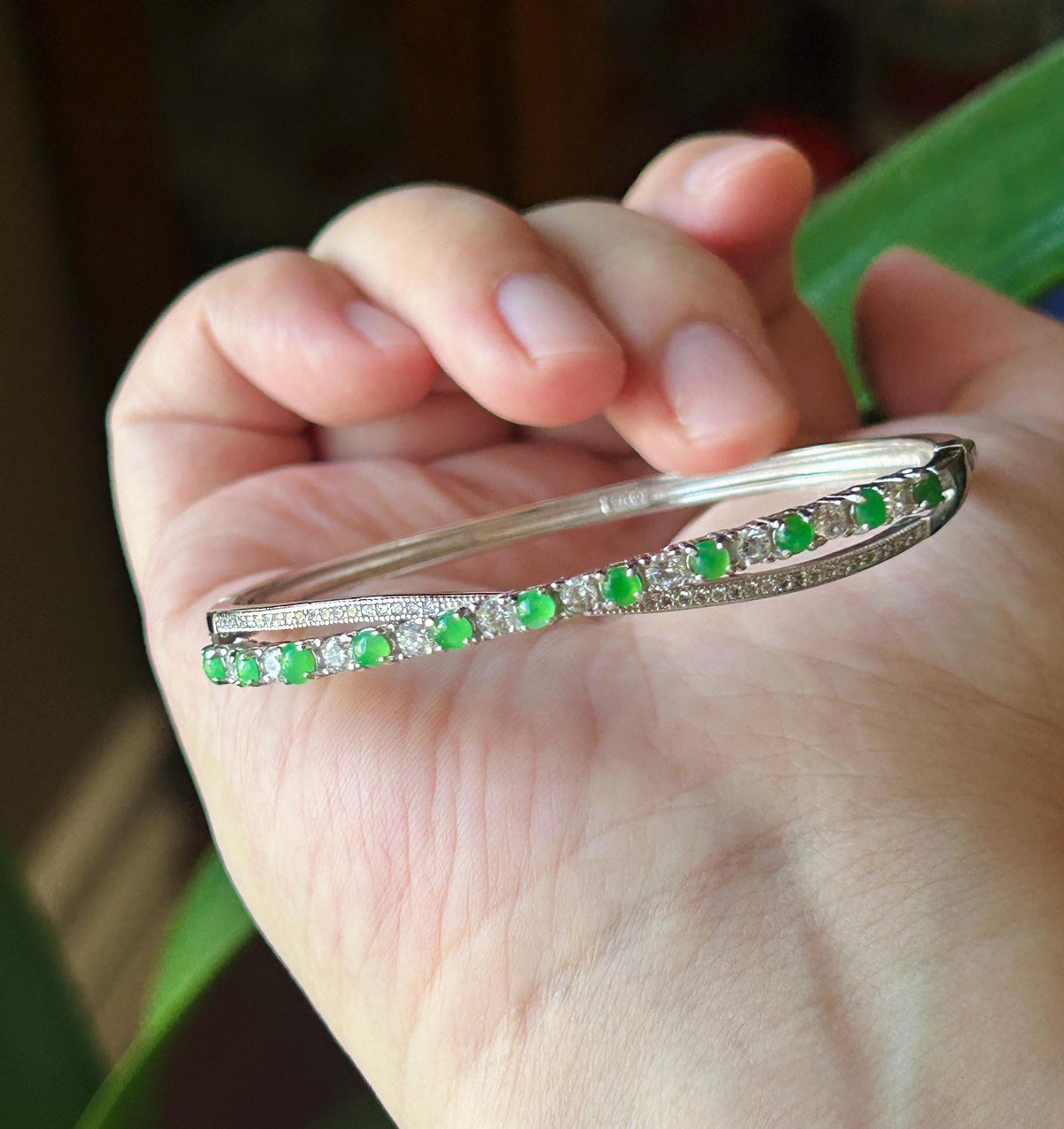 Certified Natural Jadeite & Sterling Silver Cuff Bangle, Burmese Type A Translucent Icy Vivid Green Jade , 15 - 18cm