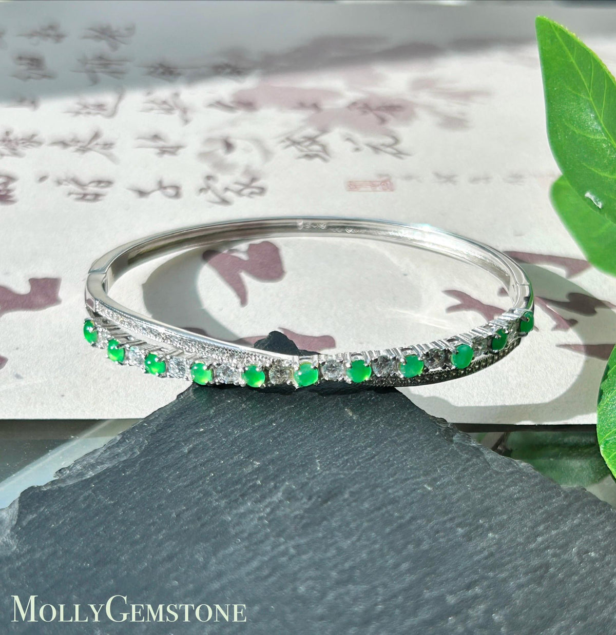 Certified Natural Jadeite & Sterling Silver Cuff Bangle, Burmese Type A Translucent Icy Vivid Green Jade , 15 - 18cm