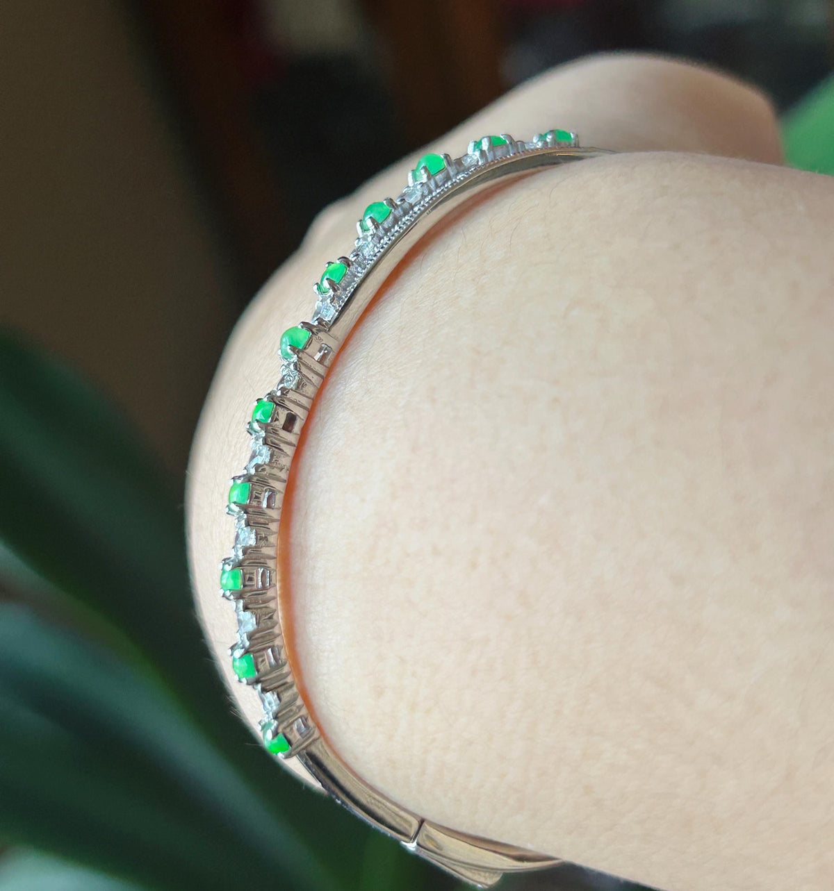 Certified Natural Jadeite & Sterling Silver Cuff Bangle, Burmese Type A Translucent Icy Vivid Green Jade , 15 - 18cm