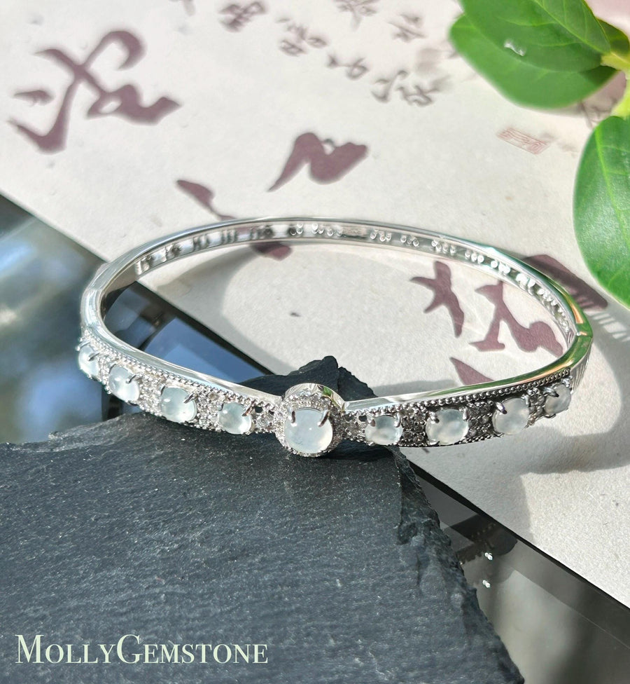 Certified Natural Jadeite & Sterling Silver Cuff Bangle, Burmese Type A Translucent High Icy White Jade , 15 - 18cm