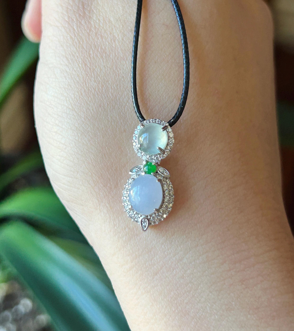 Certified Natural Jadeite Three-Cabochon Pendant, Burmese Type A Highly Translucent Icy White, Green & Lilac Lavender Jade, Sterling Silver
