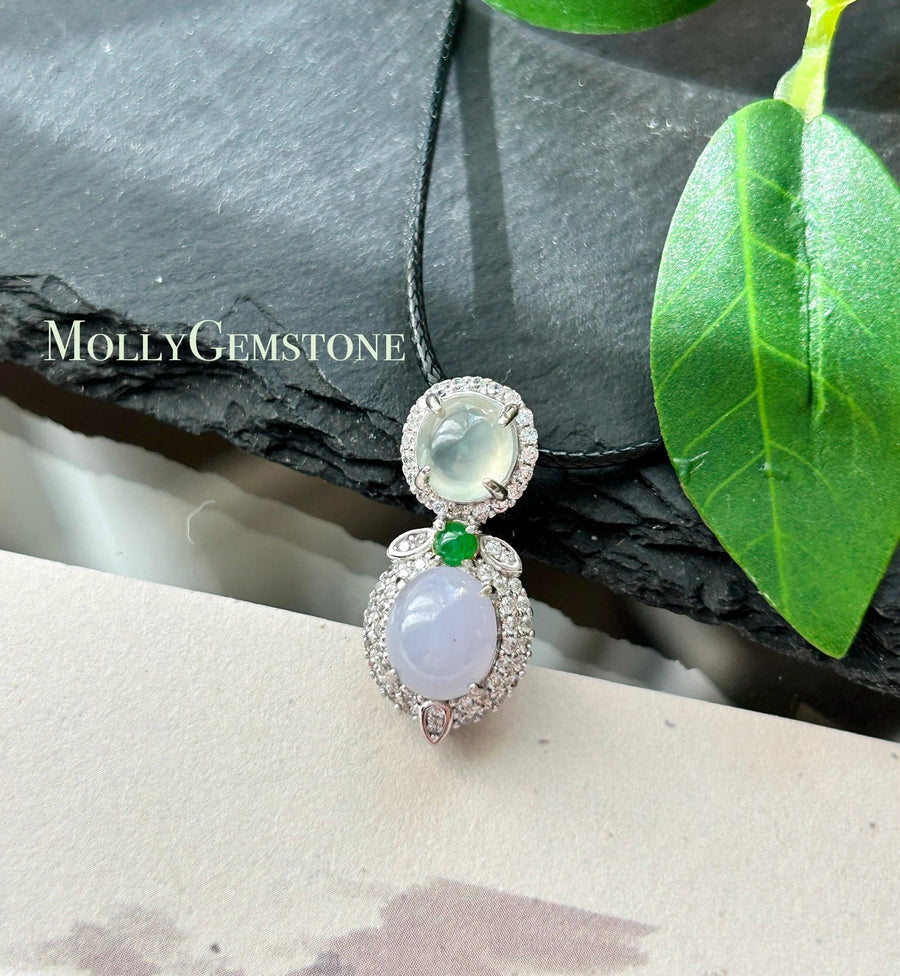 Certified Natural Jadeite Three-Cabochon Pendant, Burmese Type A Highly Translucent Icy White, Green & Lilac Lavender Jade, Sterling Silver