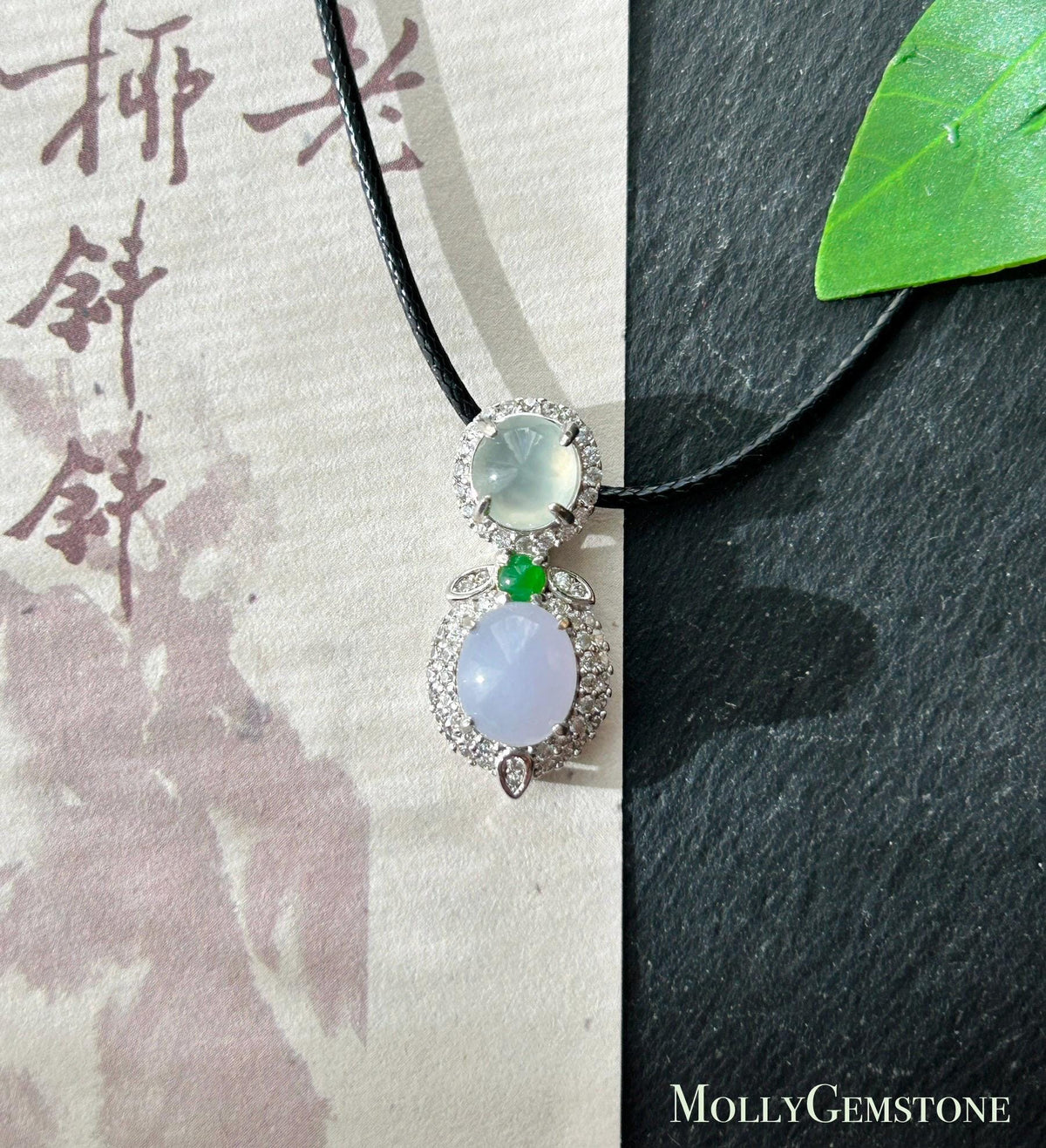 Certified Natural Jadeite Three-Cabochon Pendant, Burmese Type A Highly Translucent Icy White, Green & Lilac Lavender Jade, Sterling Silver