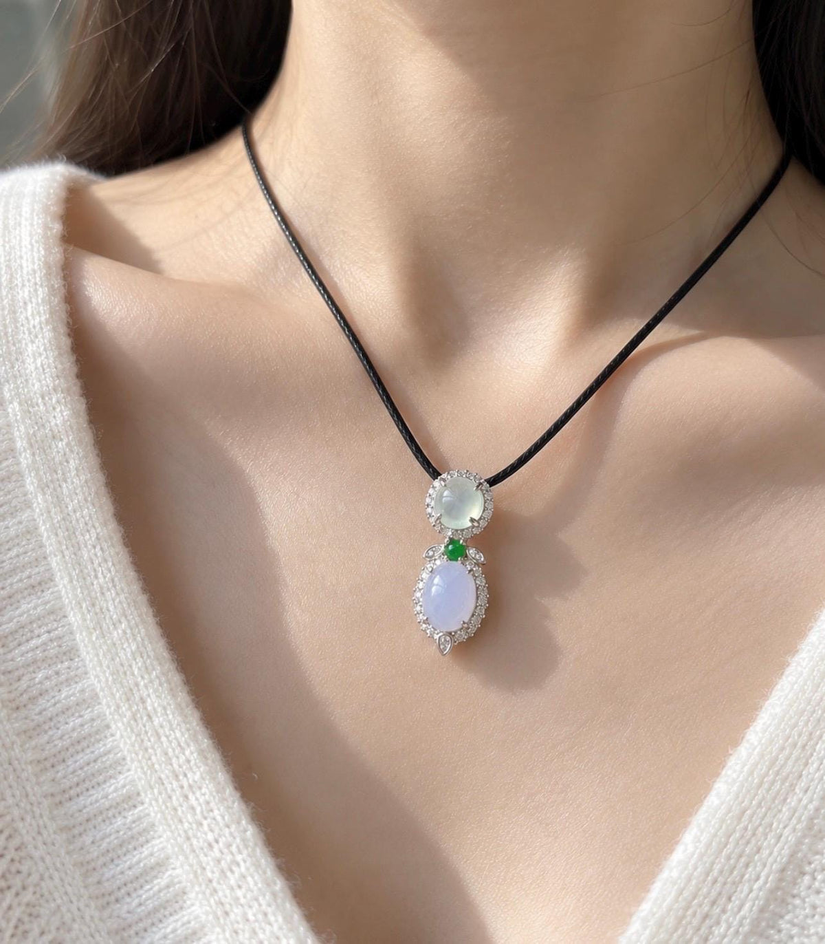 Certified Natural Jadeite Three-Cabochon Pendant, Burmese Type A Highly Translucent Icy White, Green & Lilac Lavender Jade, Sterling Silver
