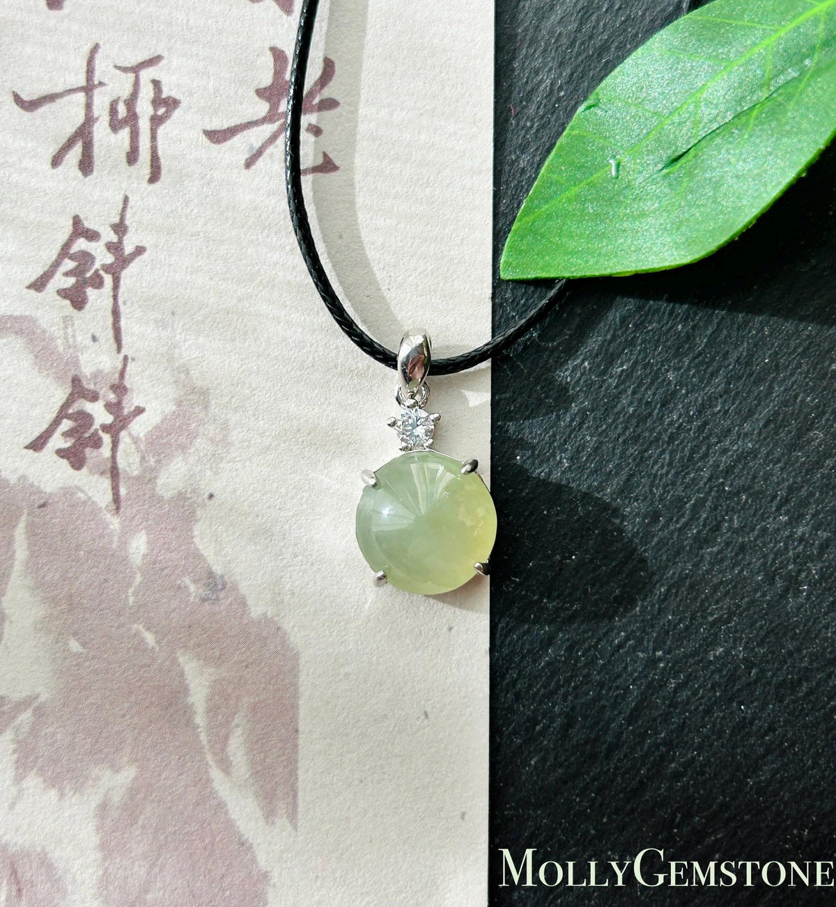 Certified Natural Jadeite Cabochon Pendant, Burmese Type A Highly Translucent Icy Gelatinous Green Tea Yellow Jade, Sterling Silver
