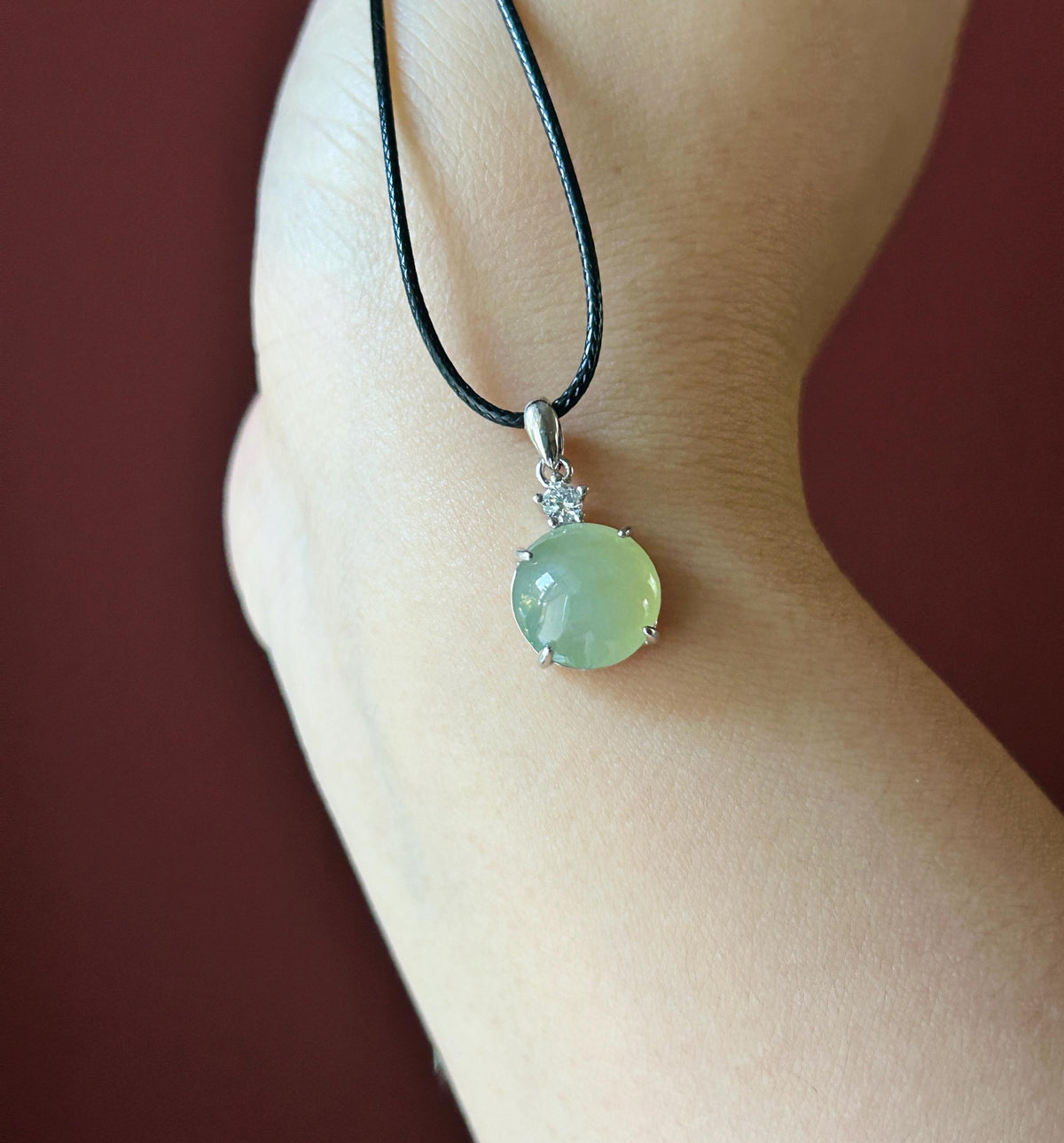 Certified Natural Jadeite Cabochon Pendant, Burmese Type A Highly Translucent Icy Gelatinous Green Tea Yellow Jade, Sterling Silver