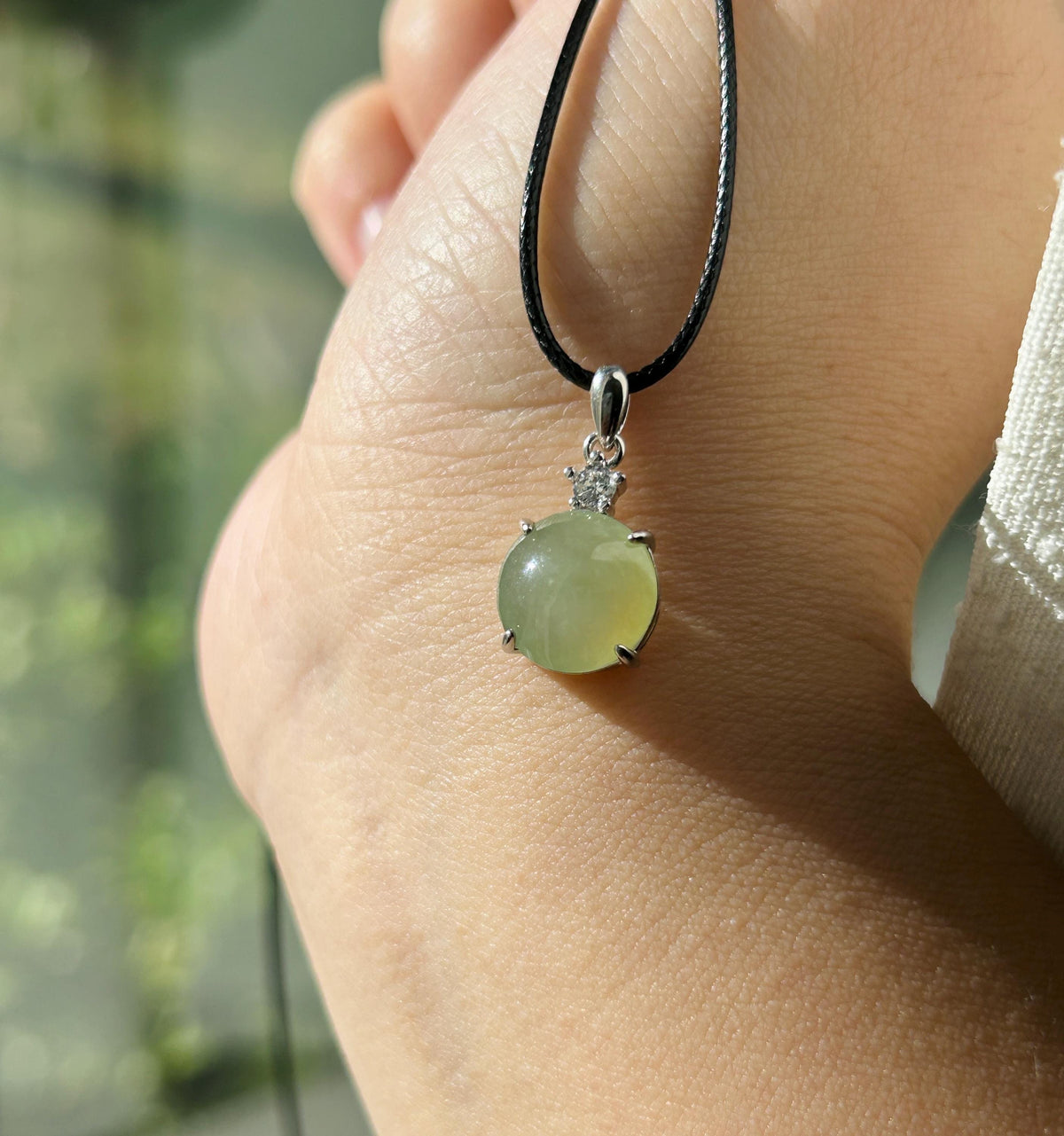 Certified Natural Jadeite Cabochon Pendant, Burmese Type A Highly Translucent Icy Gelatinous Green Tea Yellow Jade, Sterling Silver