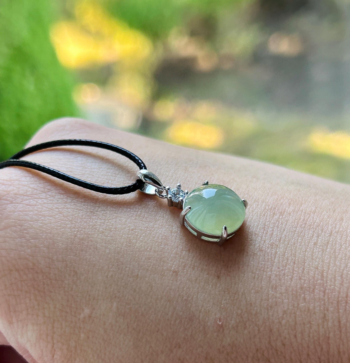 Certified Natural Jadeite Cabochon Pendant, Burmese Type A Highly Translucent Icy Gelatinous Green Tea Yellow Jade, Sterling Silver