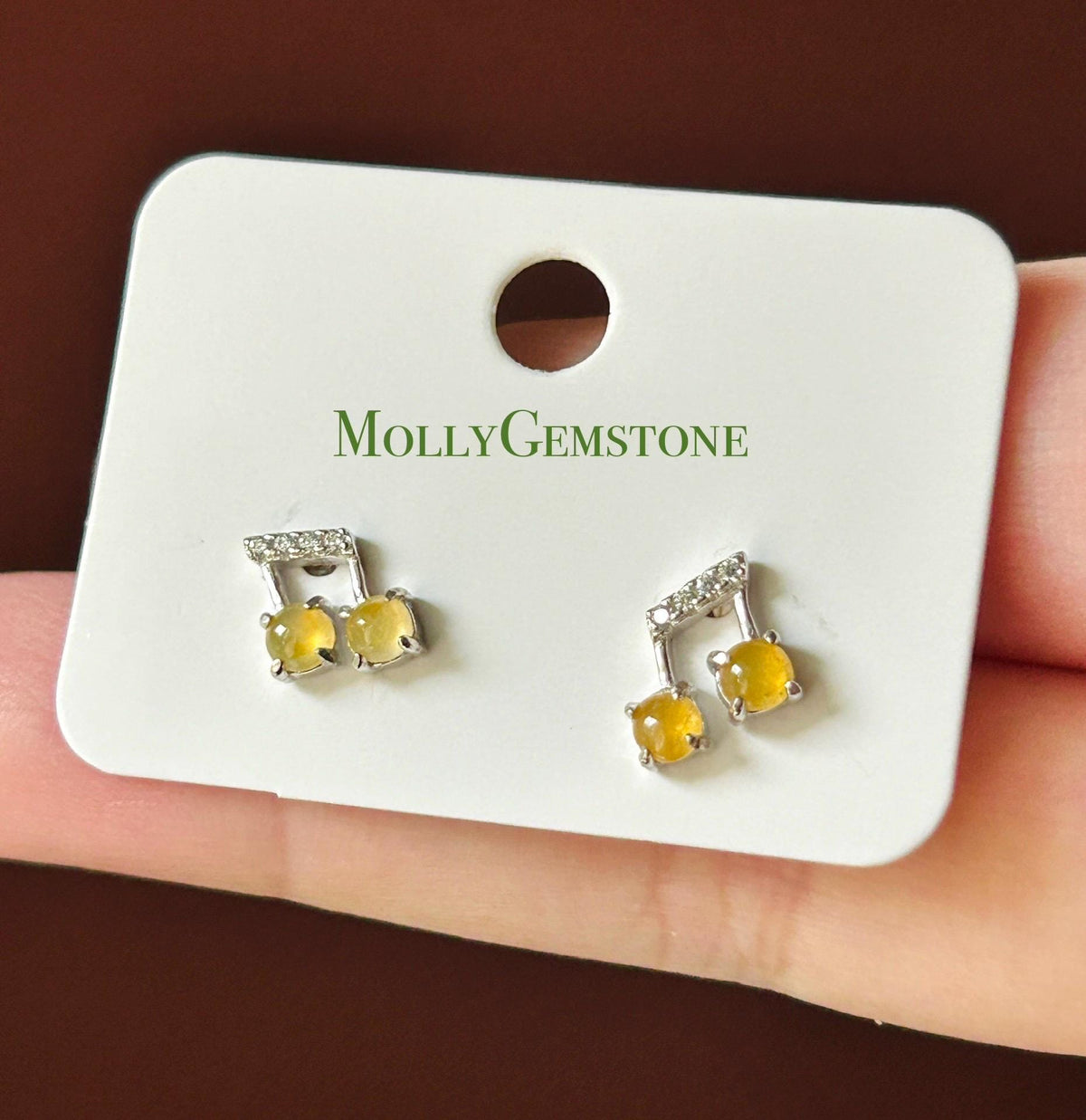 Certified Natural Jadeite Cabochon Music Note Stud Earrings | Burmese Type A Highly Translucent Icy Multicolor Jade | Sterling Silver