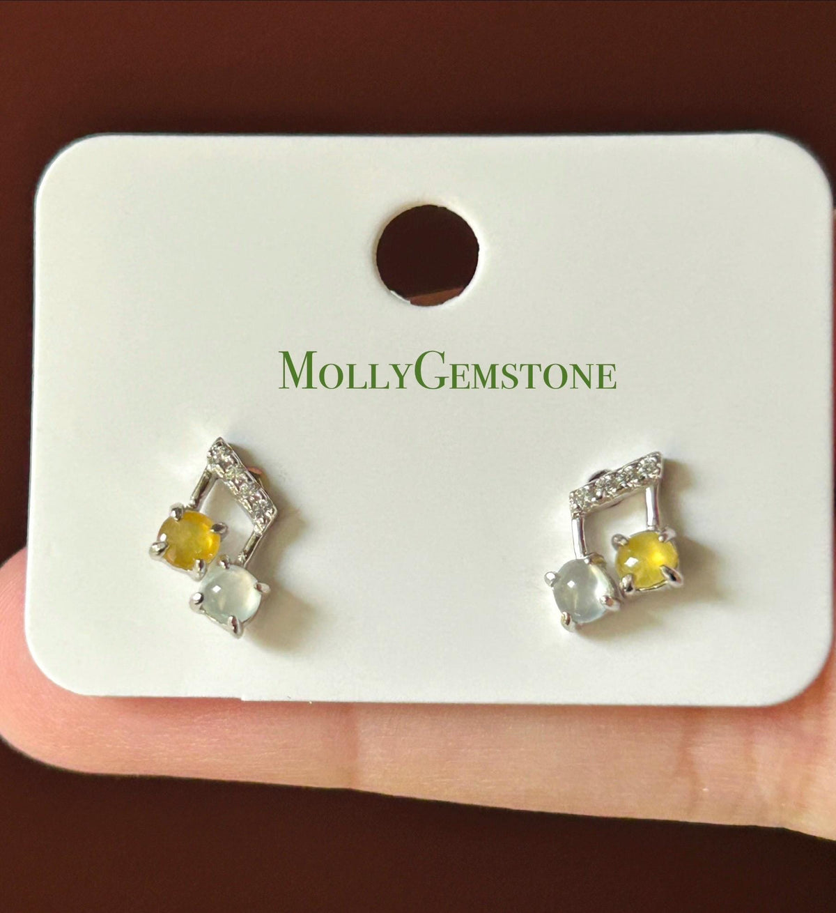 Certified Natural Jadeite Cabochon Music Note Stud Earrings | Burmese Type A Highly Translucent Icy Multicolor Jade | Sterling Silver