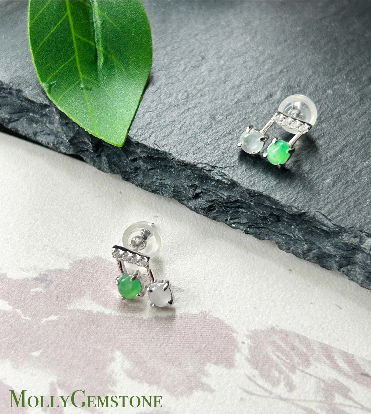 Certified Natural Jadeite Cabochon Music Note Stud Earrings | Burmese Type A Highly Translucent Icy Multicolor Jade | Sterling Silver
