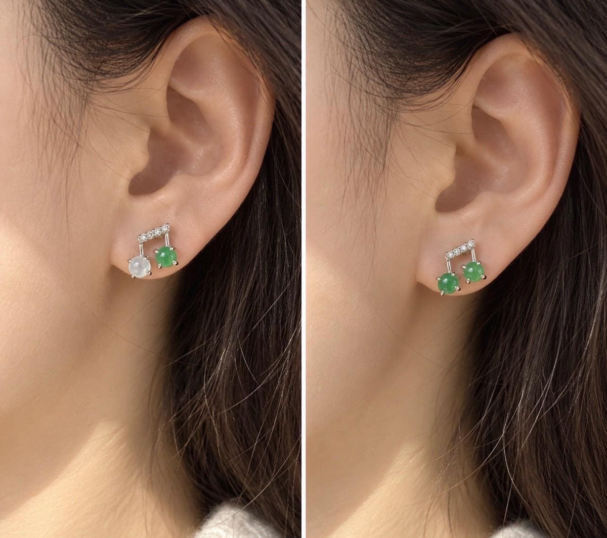 Certified Natural Jadeite Cabochon Music Note Stud Earrings | Burmese Type A Highly Translucent Icy Multicolor Jade | Sterling Silver