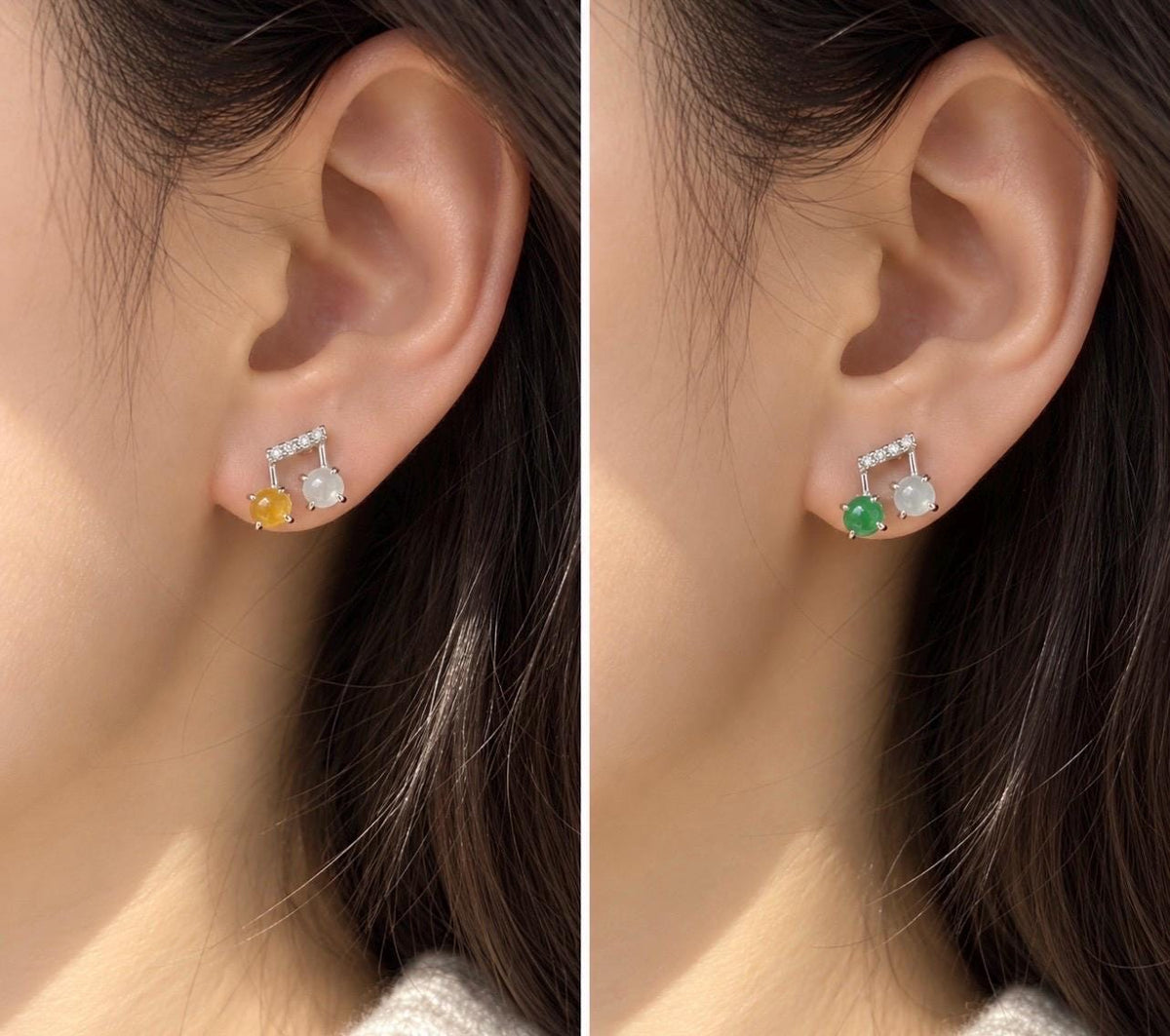 Certified Natural Jadeite Cabochon Music Note Stud Earrings | Burmese Type A Highly Translucent Icy Multicolor Jade | Sterling Silver
