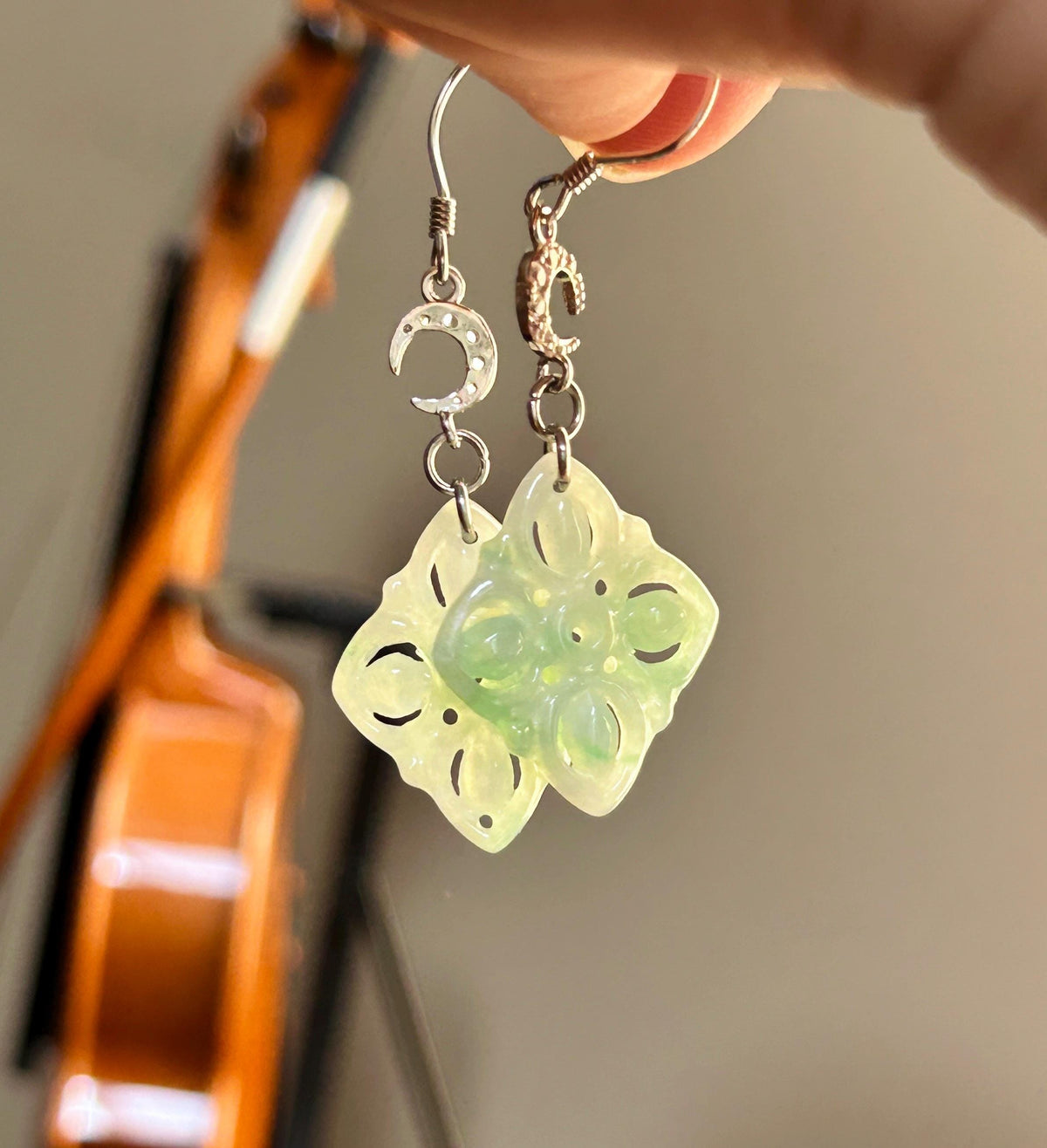 Certified Natural Jadeite Earrings, Burmese Type A Icy Apple Green Jade, Double-Sided Carved, 925 Sterling Silver