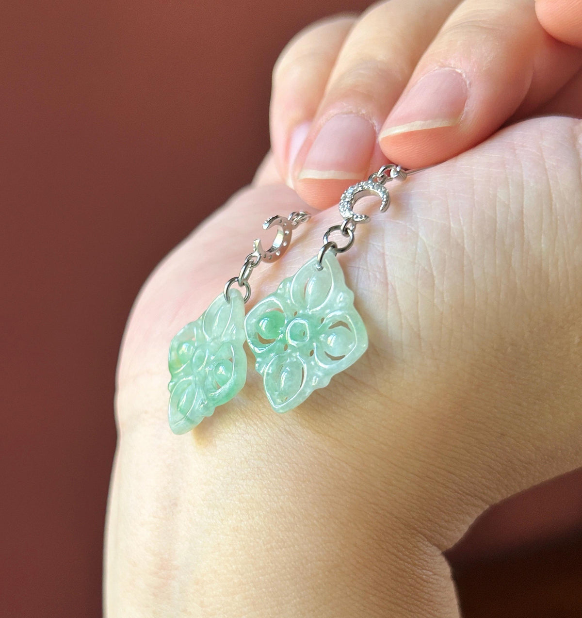 Certified Natural Jadeite Earrings, Burmese Type A Icy Apple Green Jade, Double-Sided Carved, 925 Sterling Silver