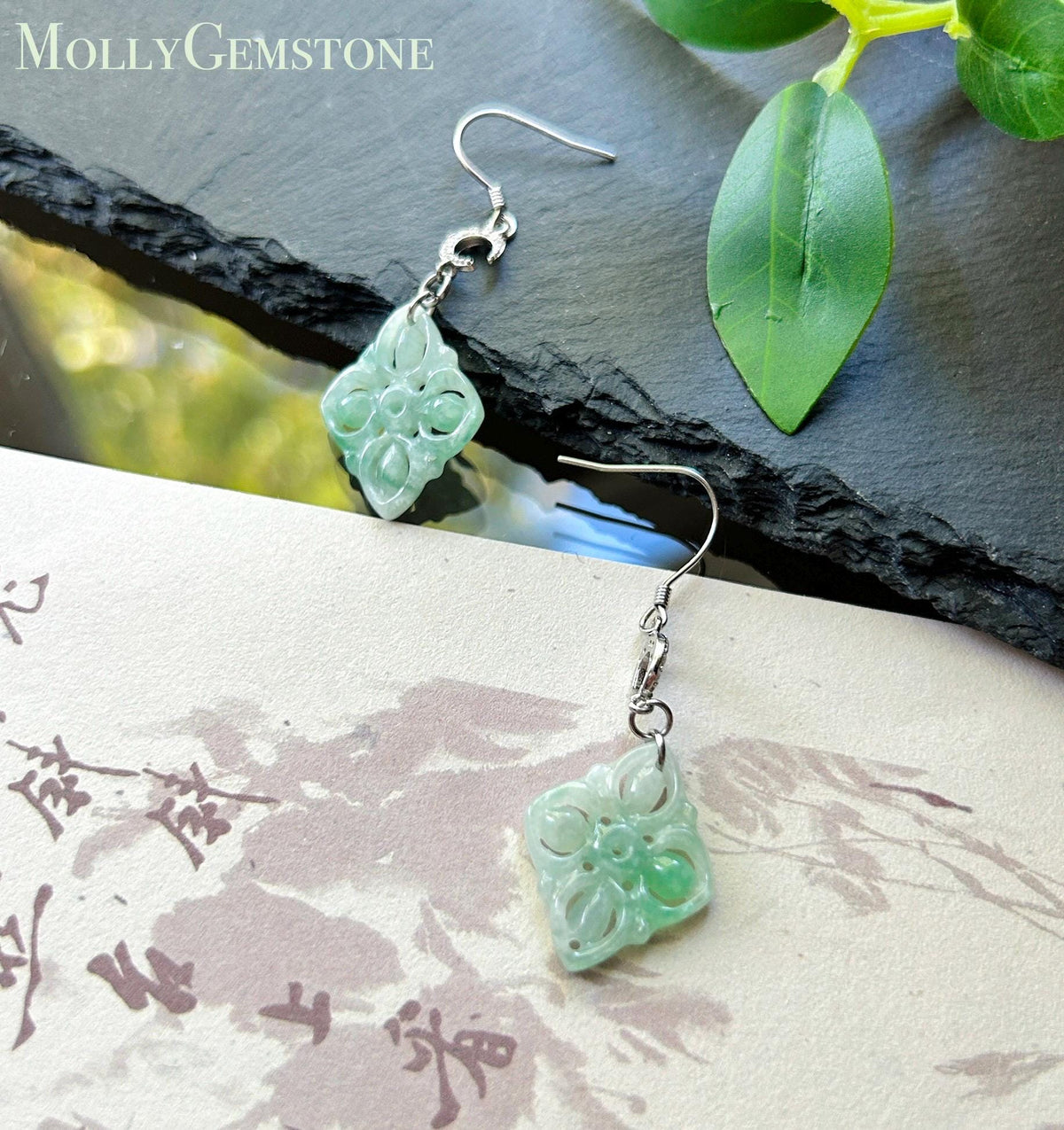 Certified Natural Jadeite Earrings, Burmese Type A Icy Apple Green Jade, Double-Sided Carved, 925 Sterling Silver
