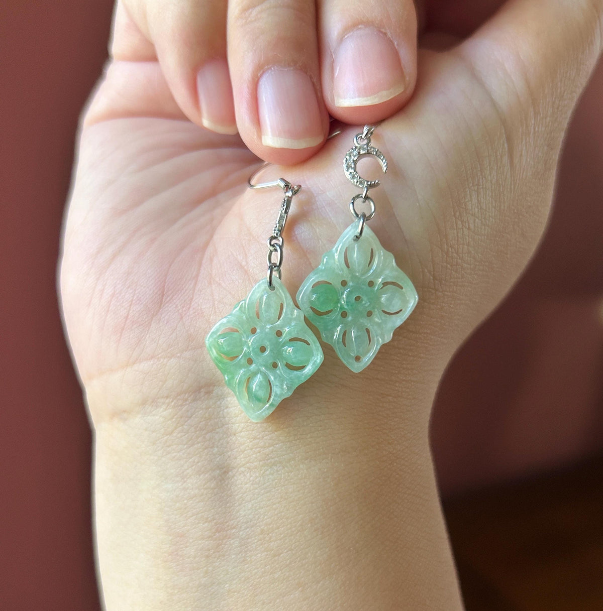 Certified Natural Jadeite Earrings, Burmese Type A Icy Apple Green Jade, Double-Sided Carved, 925 Sterling Silver