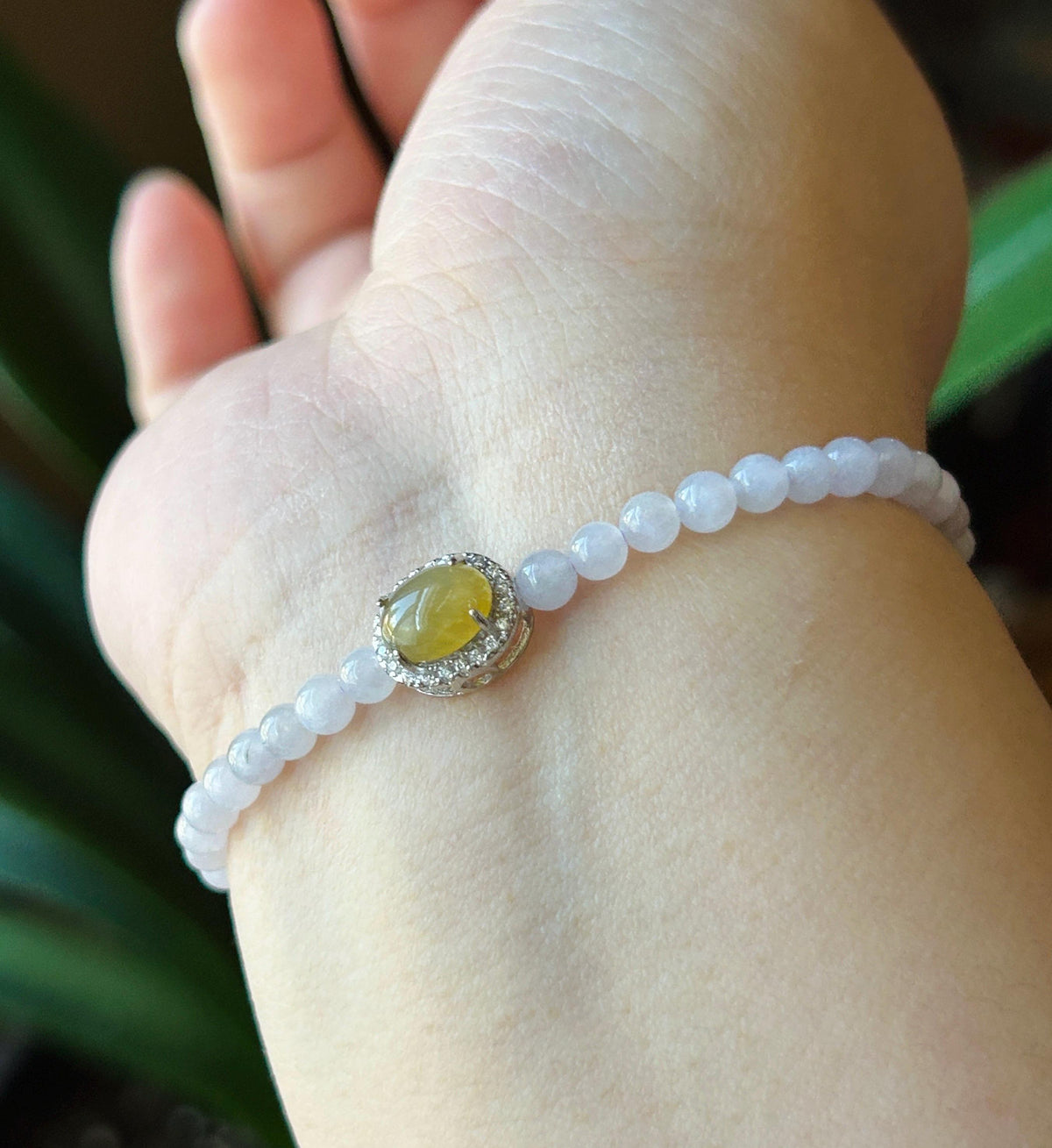 Natural Jadeite Beaded Bracelet – Burmese Type A Icy Pinkish Lavender Jade, 4mm, Icy Green/Honey Yellow Jadeite Cabochon, Minimalist Jewelry