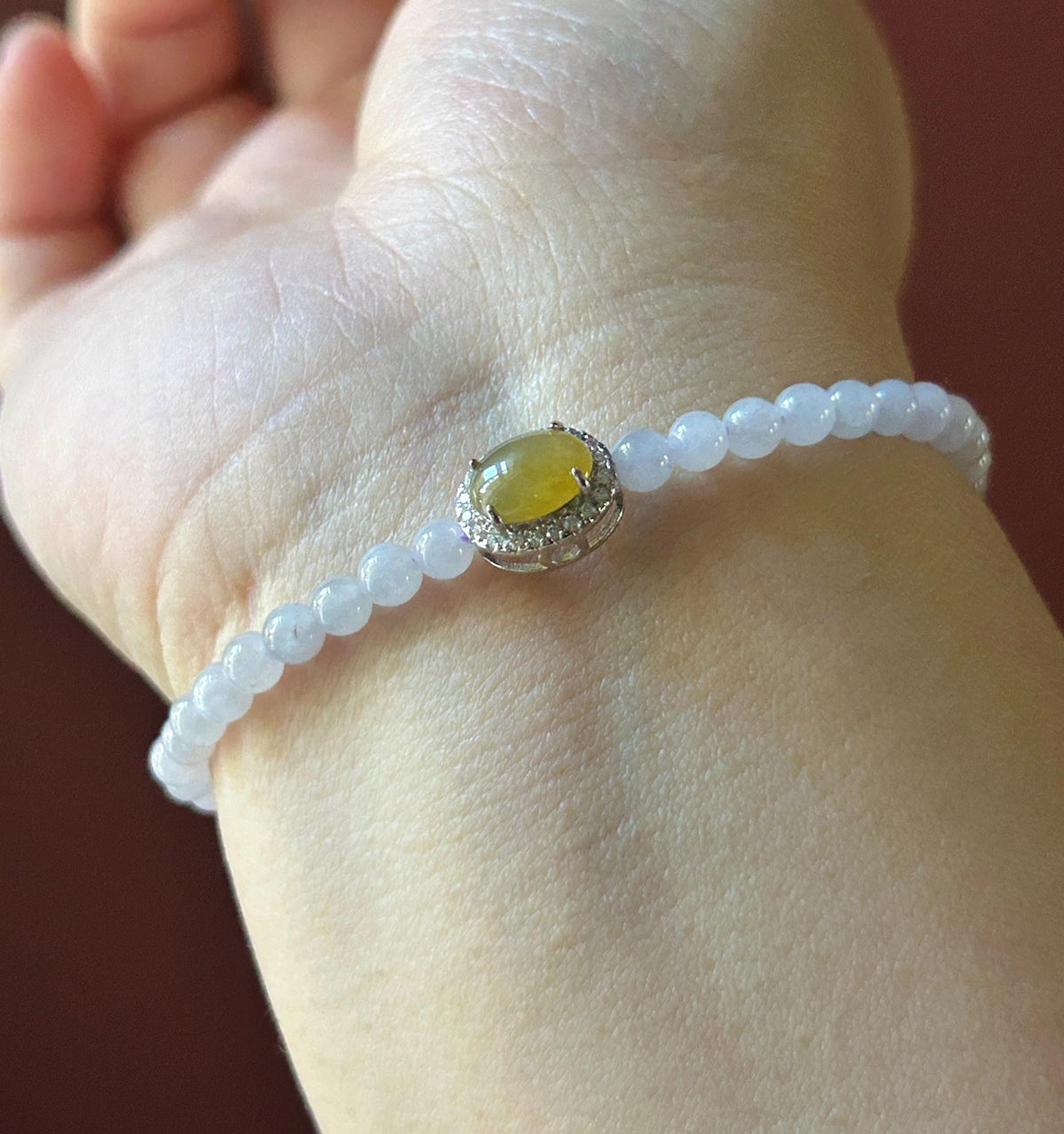 Natural Jadeite Beaded Bracelet – Burmese Type A Icy Pinkish Lavender Jade, 4mm, Icy Green/Honey Yellow Jadeite Cabochon, Minimalist Jewelry