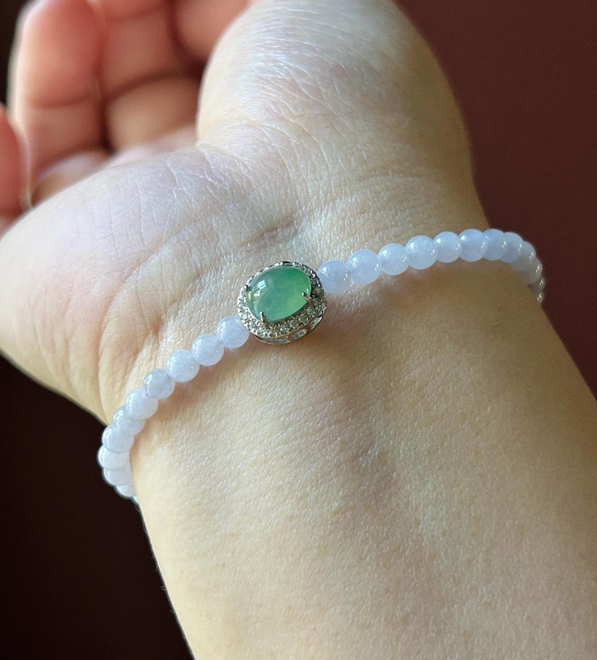 Natural Jadeite Beaded Bracelet – Burmese Type A Icy Pinkish Lavender Jade, 4mm, Icy Green/Honey Yellow Jadeite Cabochon, Minimalist Jewelry