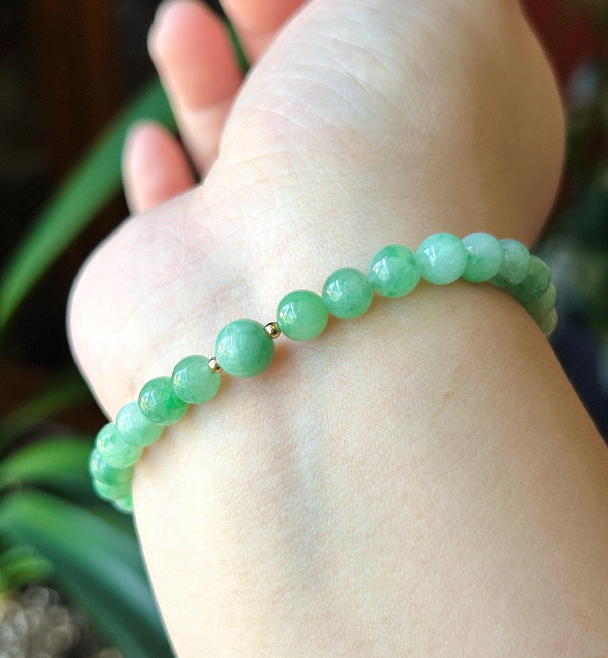 Natural Jadeite Bracelet, Burmese Type A Icy Translucent Apple Green with Vivid-Green Floral Jade Beads, 6mm, Minimalist Jewelry