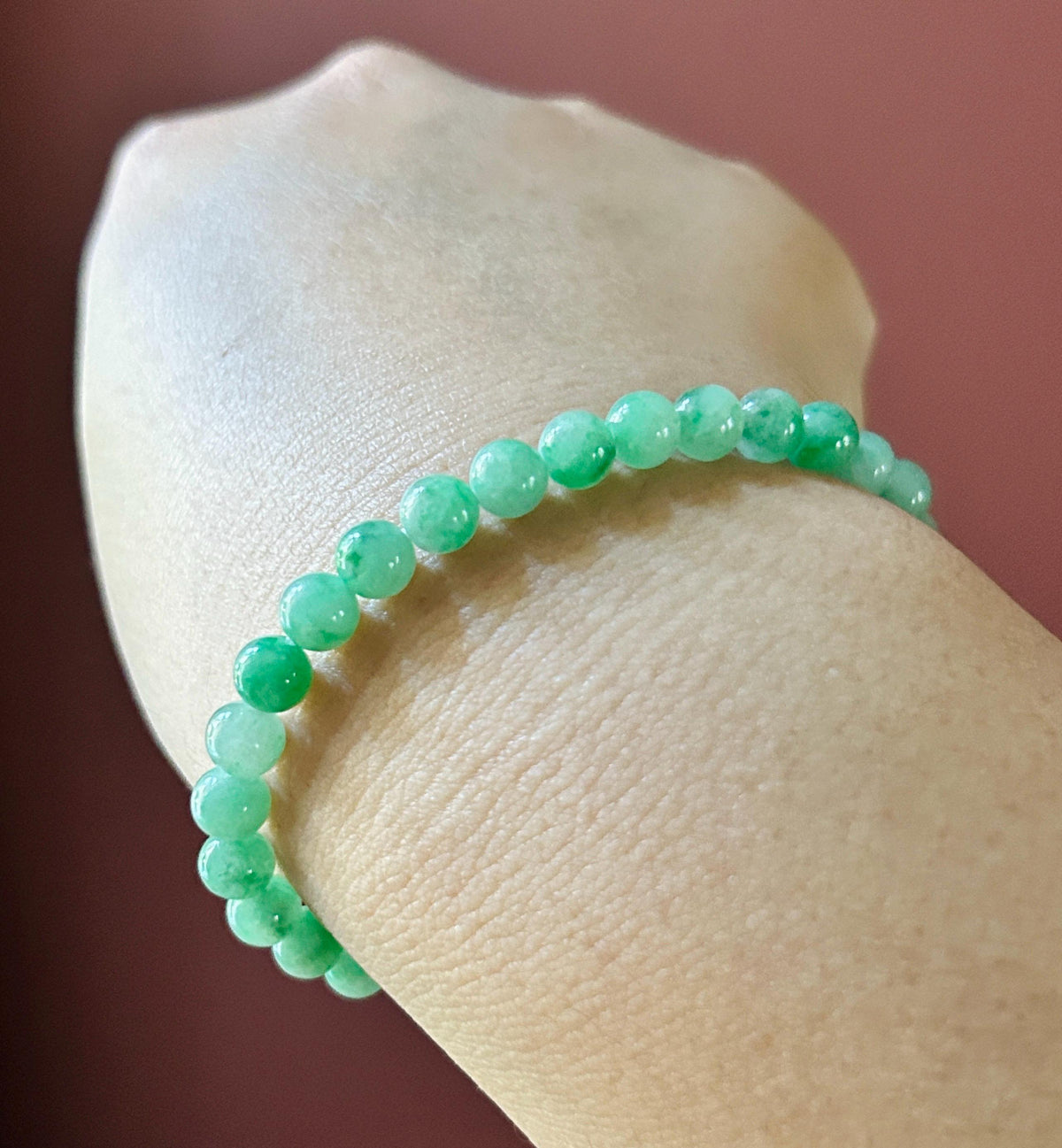 Natural Jadeite Bracelet, Burmese Type A Icy Translucent Apple Green with Vivid-Green Floral Jade Beads, 6mm, Minimalist Jewelry