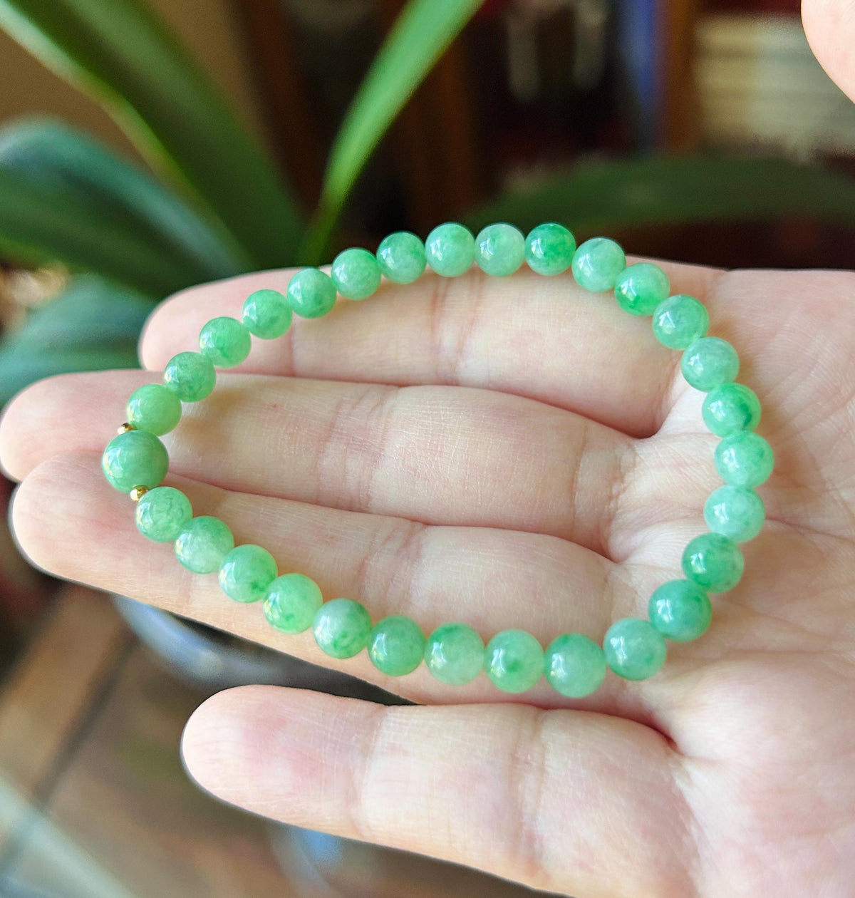 Natural Jadeite Bracelet, Burmese Type A Icy Translucent Apple Green with Vivid-Green Floral Jade Beads, 6mm, Minimalist Jewelry