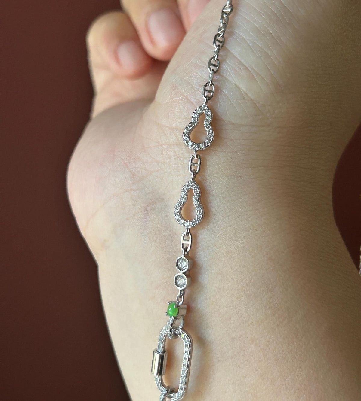Certified Natural Jadeite Convertible Necklace Chain, Burmese Type A Icy White Hulu & Vivid Green Jade Cabochons Universal Pendant Holder