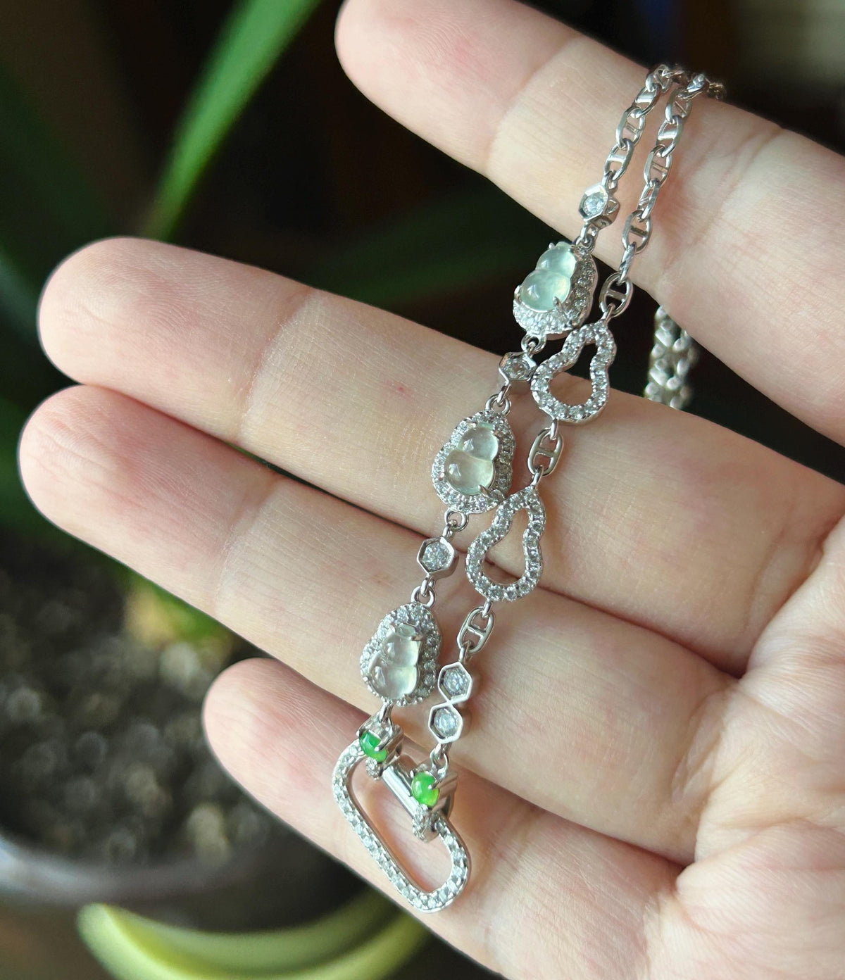 Certified Natural Jadeite Convertible Necklace Chain, Burmese Type A Icy White Hulu & Vivid Green Jade Cabochons Universal Pendant Holder