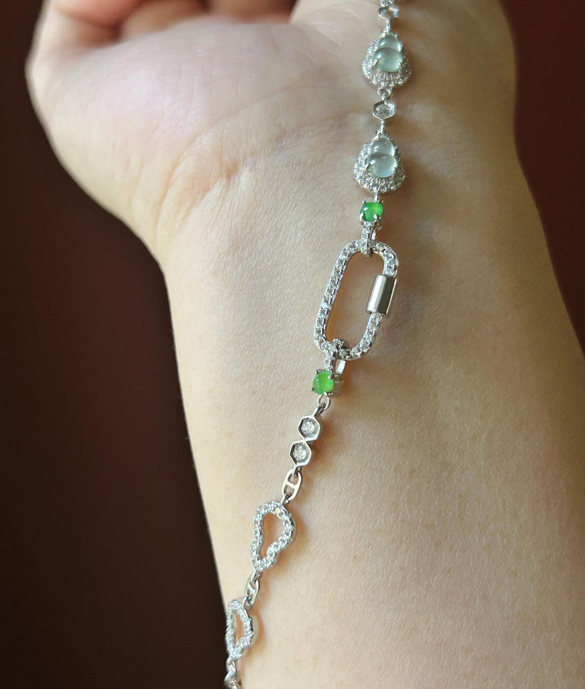 Certified Natural Jadeite Convertible Necklace Chain, Burmese Type A Icy White Hulu & Vivid Green Jade Cabochons Universal Pendant Holder