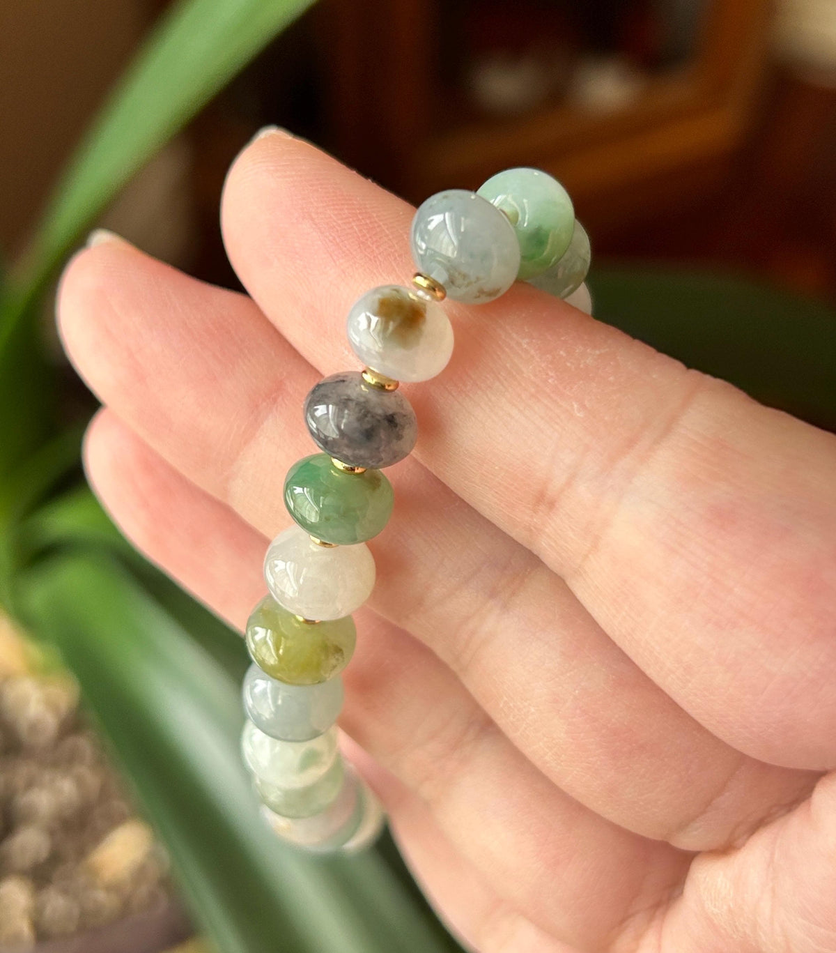 Natural Jadeite Beaded Bracelet: Burmese Type A Highly Translucent Icy Multicolor Floating Flowers Jade, Rare Color Patterns, 9mm