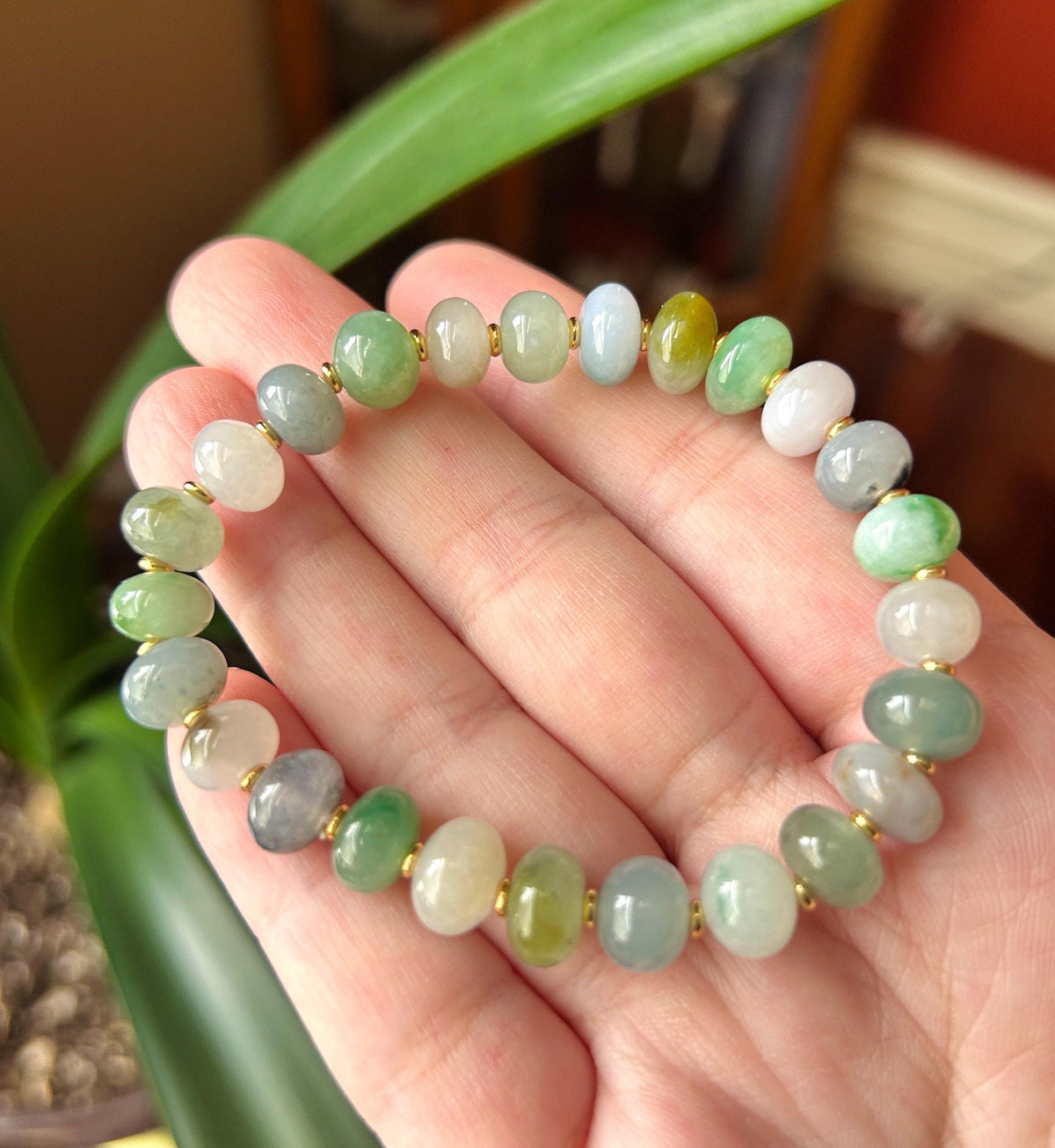 Natural Jadeite Beaded Bracelet: Burmese Type A Highly Translucent Icy Multicolor Floating Flowers Jade, Rare Color Patterns, 9mm