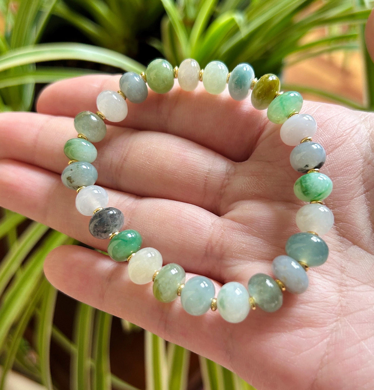 Natural Jadeite Beaded Bracelet: Burmese Type A Highly Translucent Icy Multicolor Floating Flowers Jade, Rare Color Patterns, 9mm
