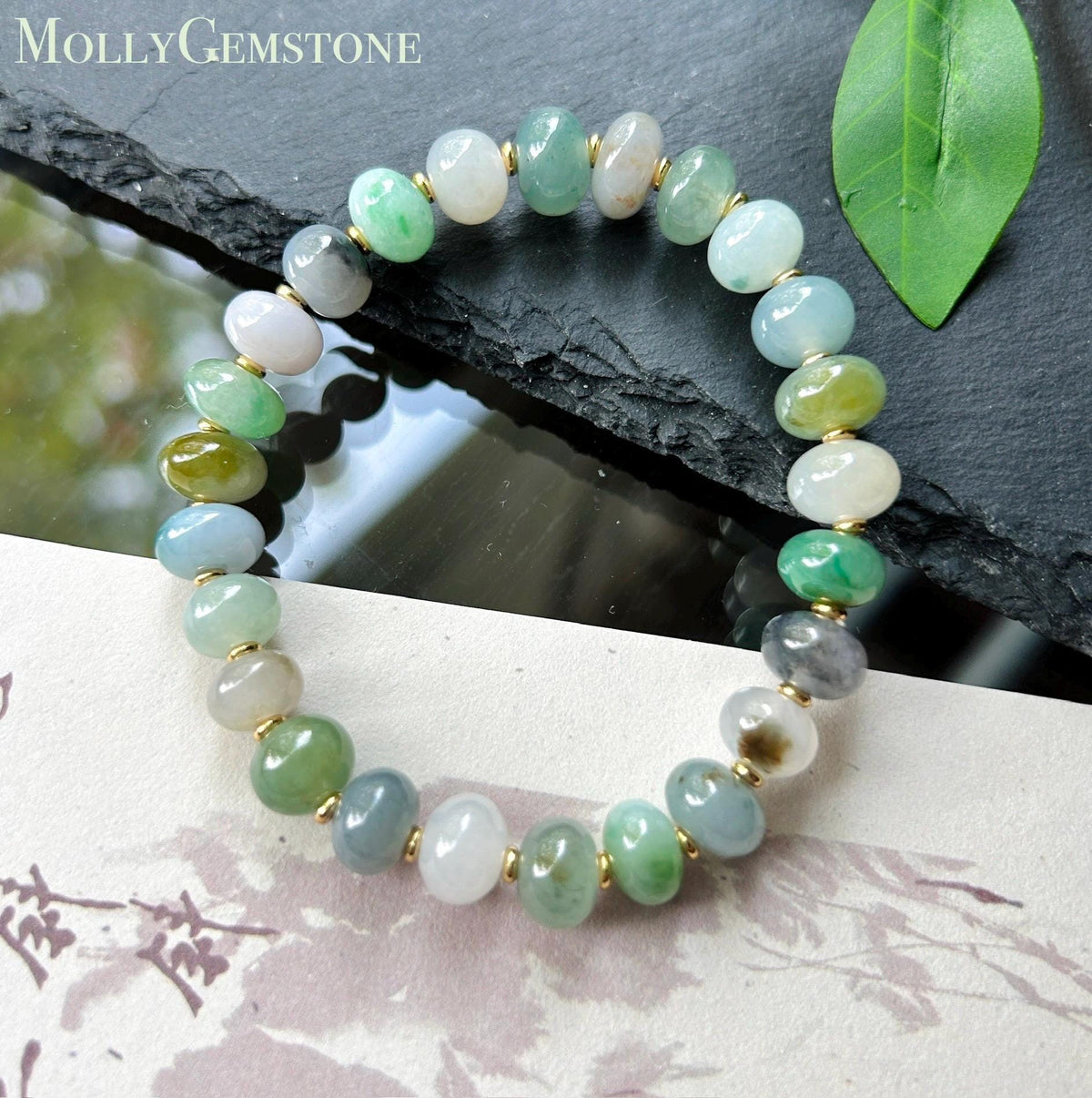 Natural Jadeite Beaded Bracelet: Burmese Type A Highly Translucent Icy Multicolor Floating Flowers Jade, Rare Color Patterns, 9mm