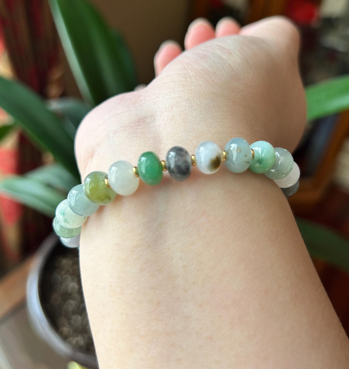 Natural Jadeite Beaded Bracelet: Burmese Type A Highly Translucent Icy Multicolor Floating Flowers Jade, Rare Color Patterns, 9mm