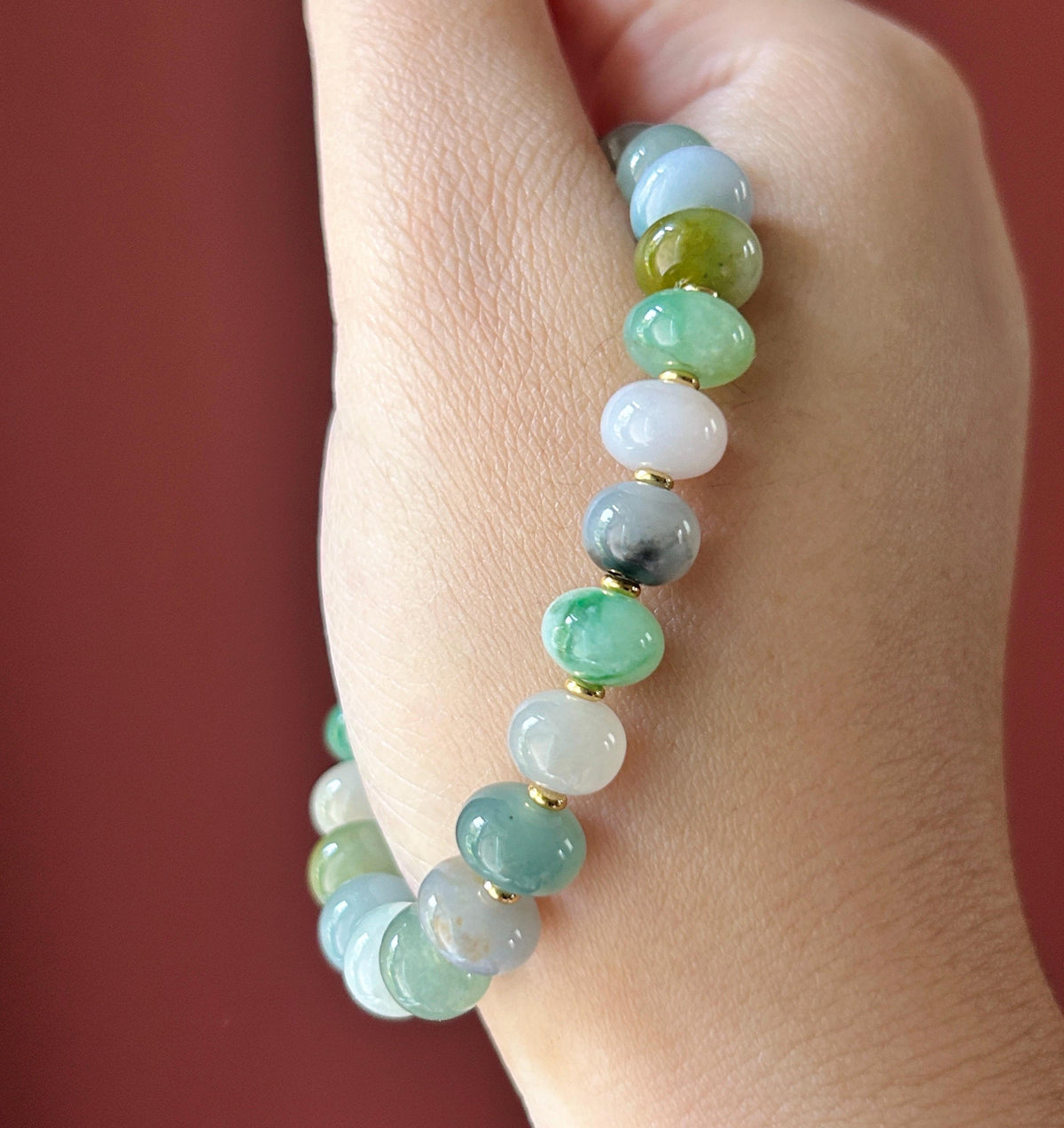 Natural Jadeite Beaded Bracelet: Burmese Type A Highly Translucent Icy Multicolor Floating Flowers Jade, Rare Color Patterns, 9mm