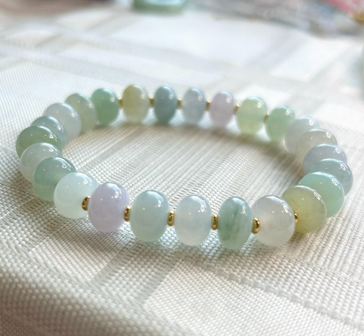 Natural Jadeite Beaded Bracelet, Burmese Type A Untreated Highly Translucent Icy Pastel Macaron Multicolor Jade, 9mm