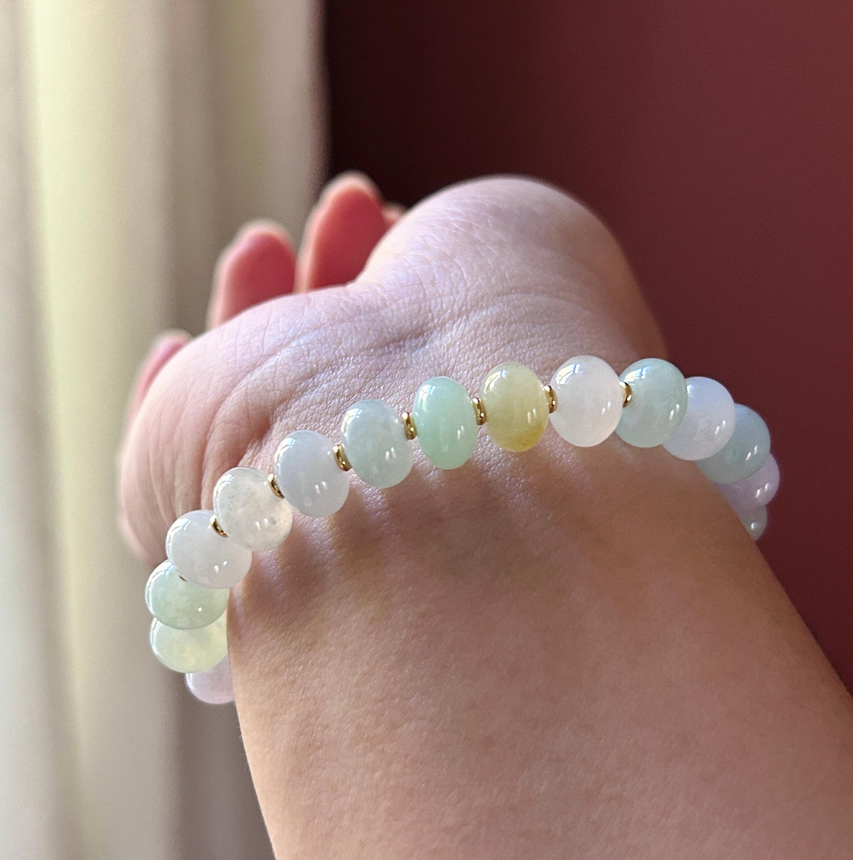 Natural Jadeite Beaded Bracelet, Burmese Type A Untreated Highly Translucent Icy Pastel Macaron Multicolor Jade, 9mm