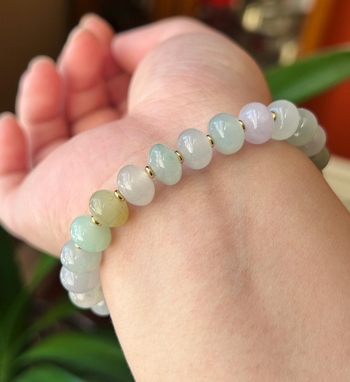 Natural Jadeite Beaded Bracelet, Burmese Type A Untreated Highly Translucent Icy Pastel Macaron Multicolor Jade, 9mm
