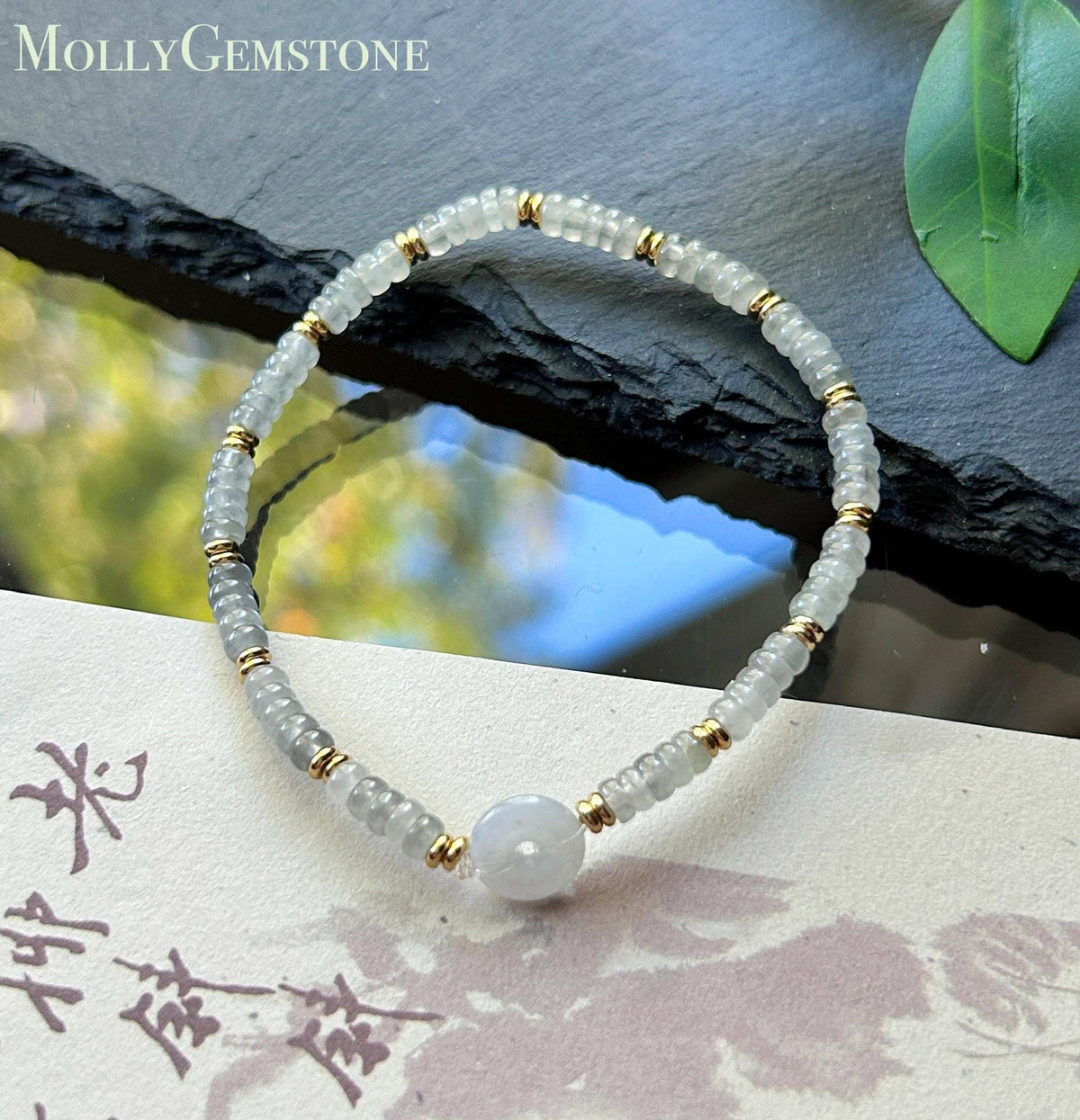 Natural Jadeite Icy Wuji Abacus Bead Bracelet with Lavender Jadeite Peace Buckle, Minimalist Jade Jewelry, 3.5mm