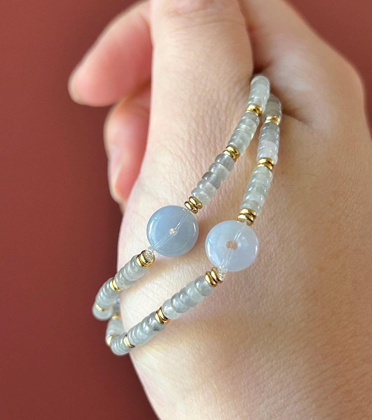 Natural Jadeite Icy Wuji Abacus Bead Bracelet with Lavender Jadeite Peace Buckle, Minimalist Jade Jewelry, 3.5mm